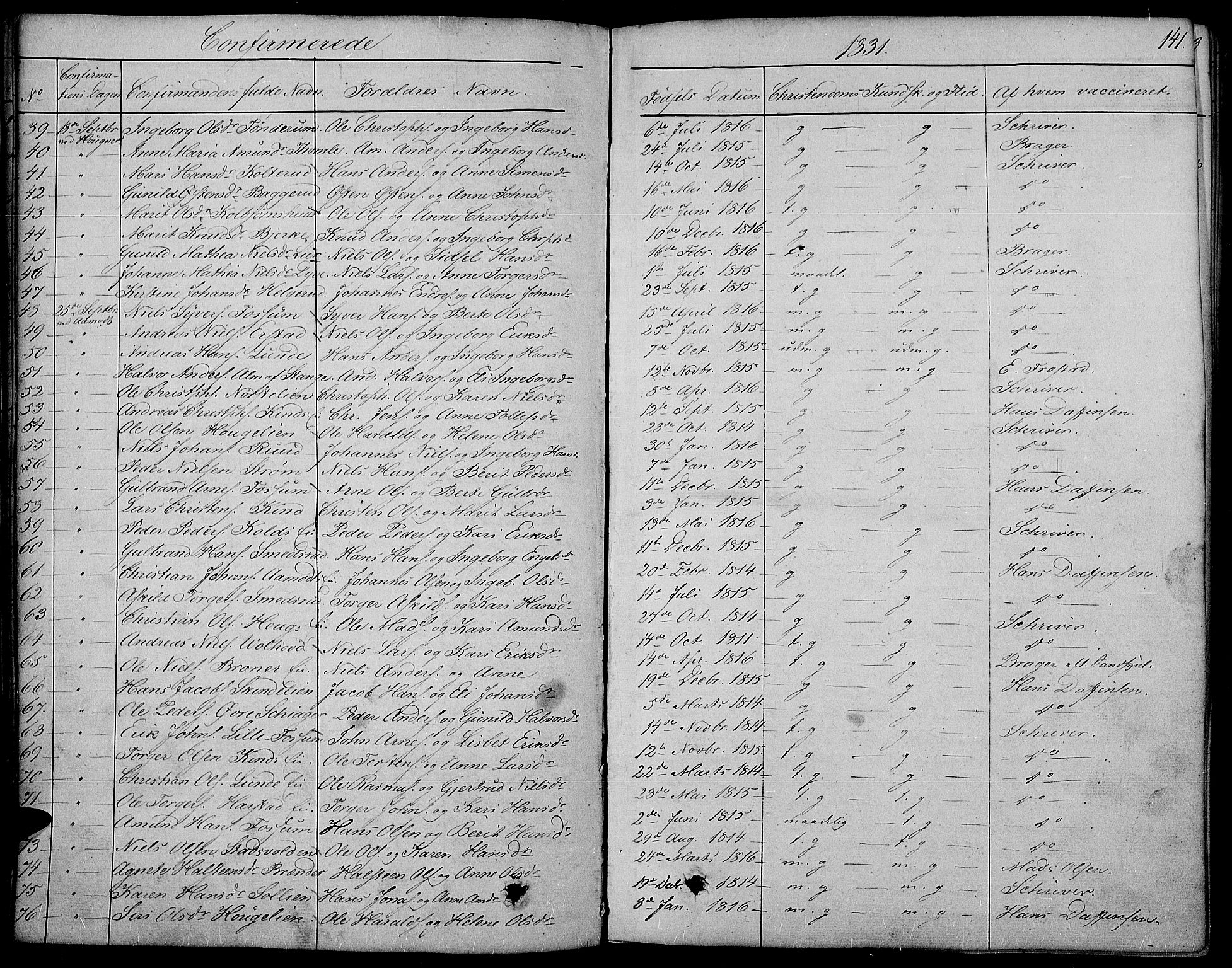 Land prestekontor, SAH/PREST-120/H/Ha/Haa/L0008: Parish register (official) no. 8, 1830-1846, p. 141