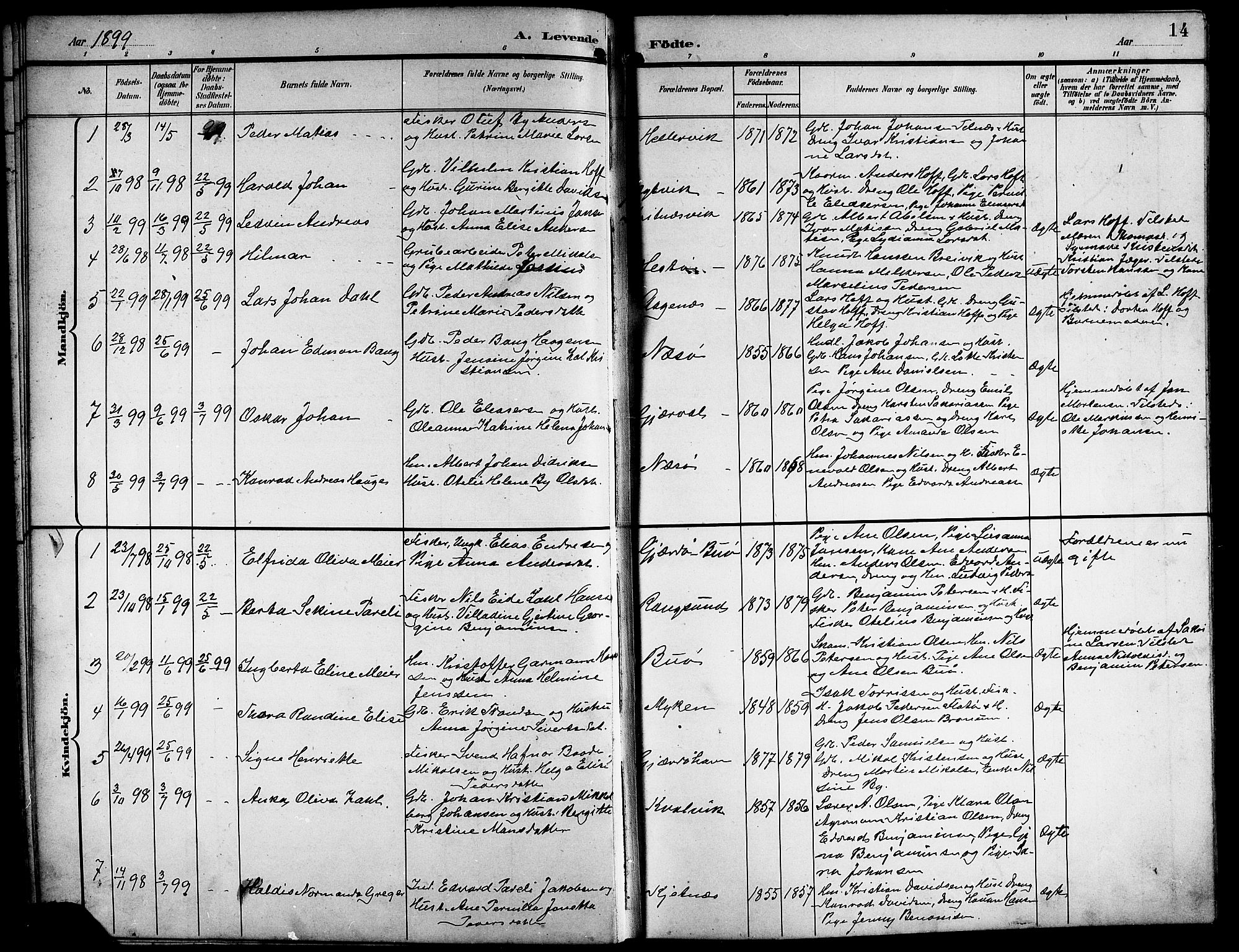 Ministerialprotokoller, klokkerbøker og fødselsregistre - Nordland, SAT/A-1459/841/L0621: Parish register (copy) no. 841C05, 1897-1923, p. 14