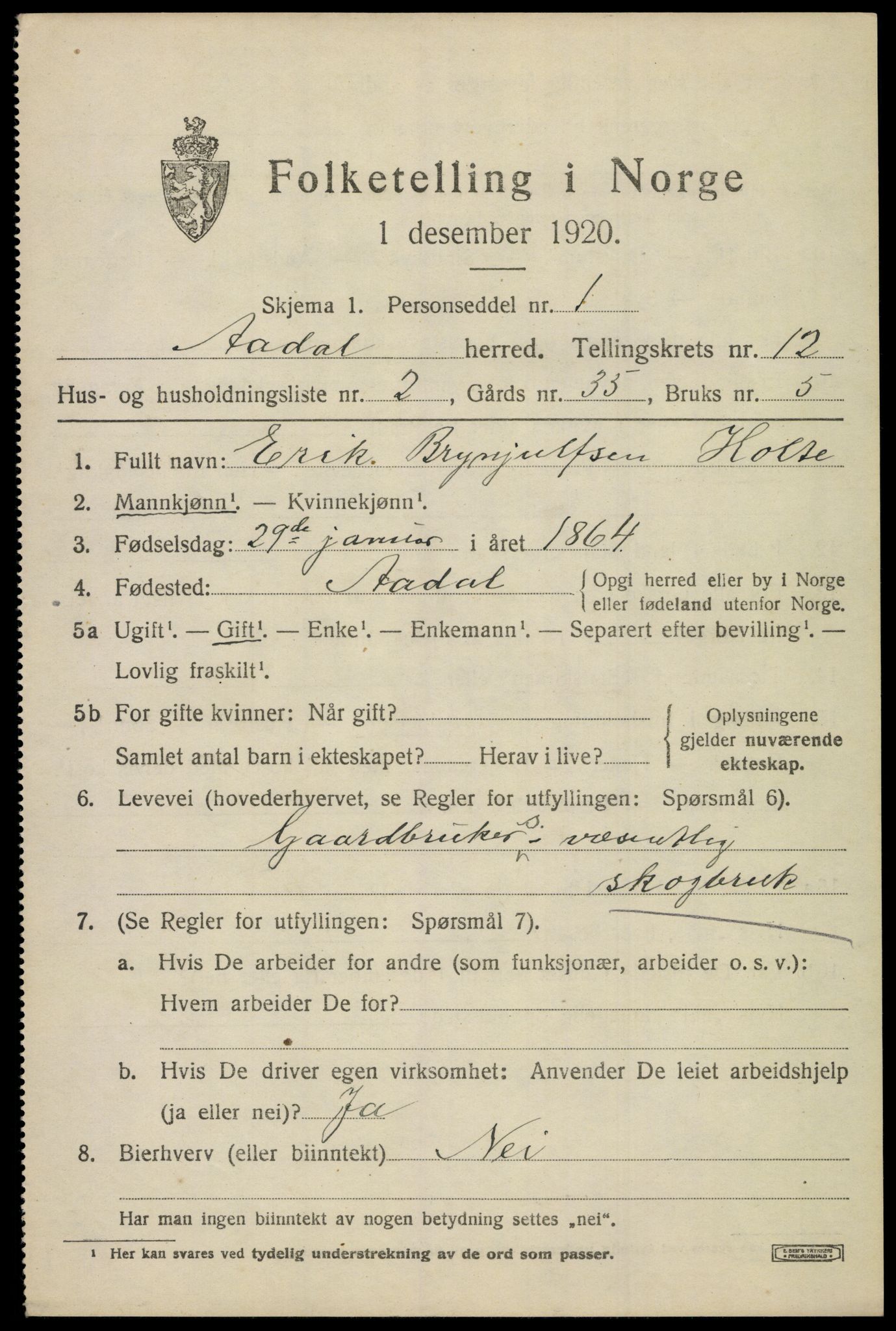 SAKO, 1920 census for Ådal, 1920, p. 6842