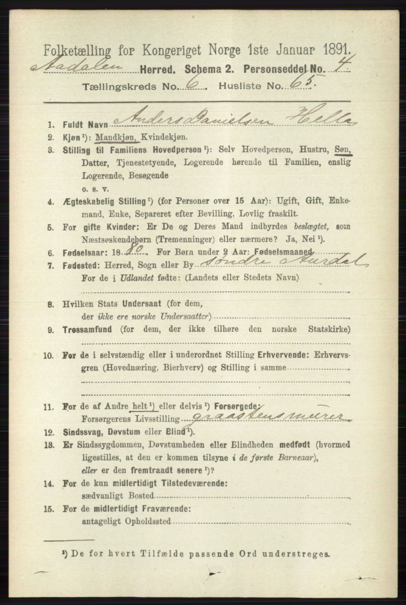 RA, 1891 census for 0614 Ådal, 1891, p. 3003