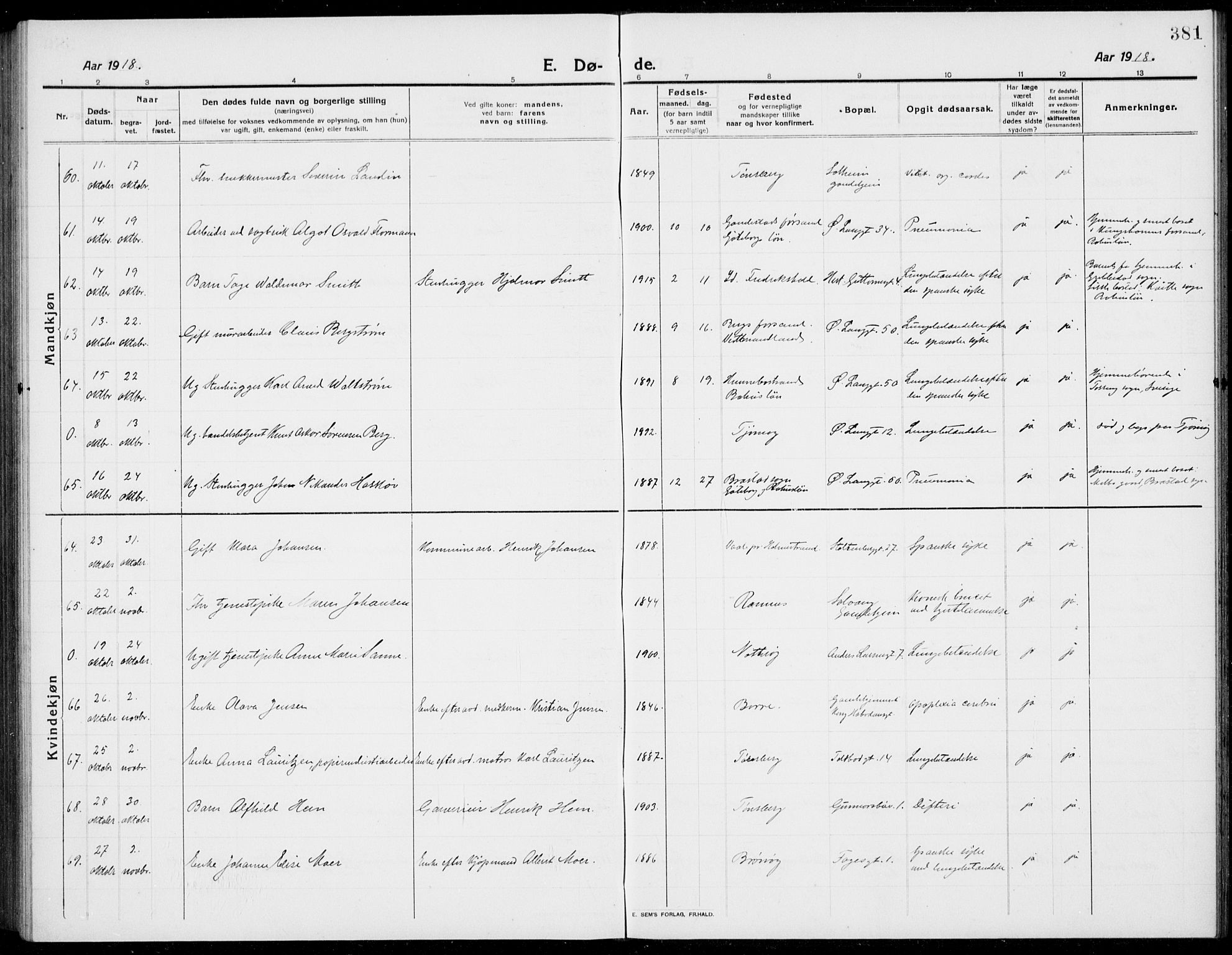 Tønsberg kirkebøker, AV/SAKO-A-330/G/Ga/L0009: Parish register (copy) no. 9, 1913-1920, p. 381