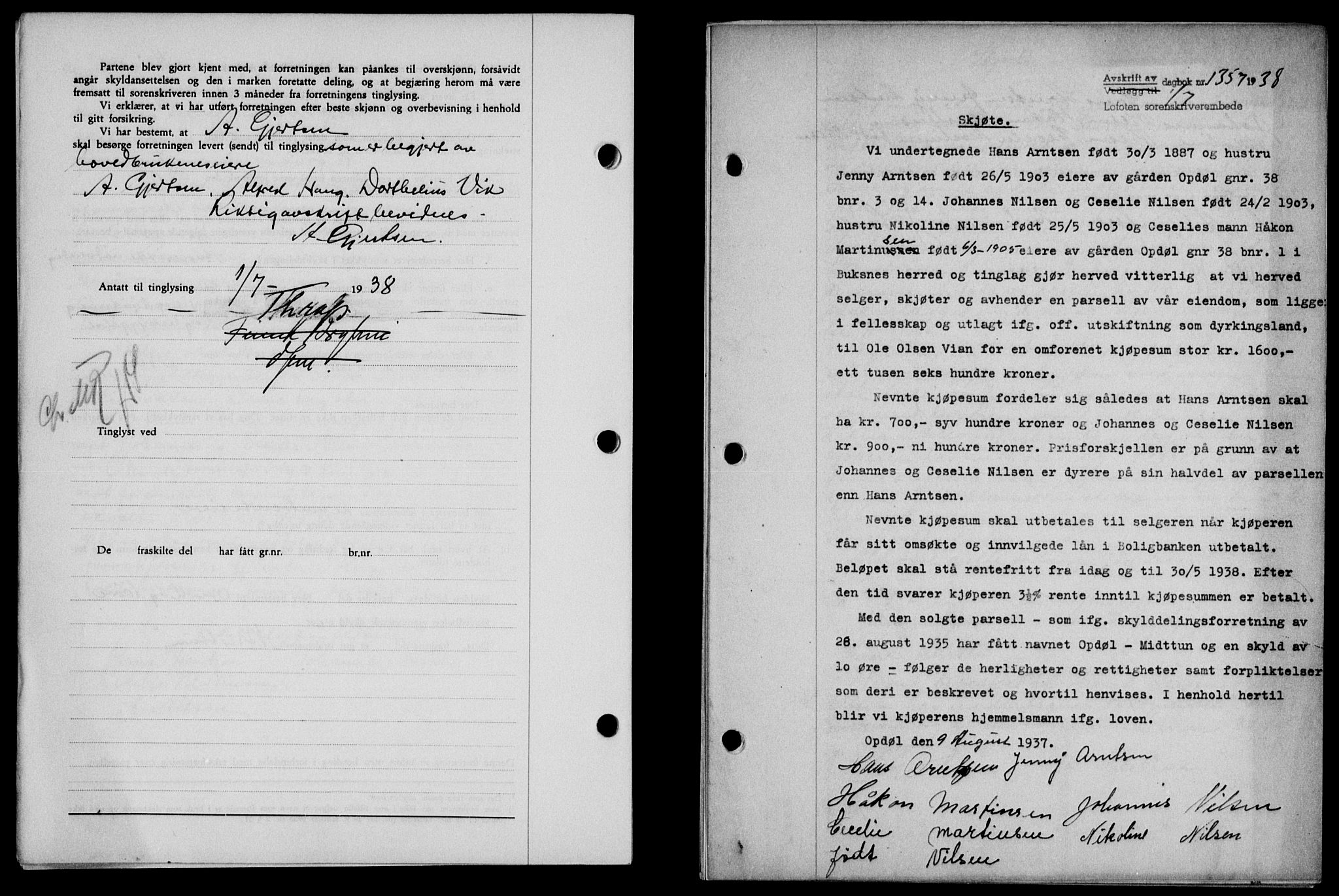 Lofoten sorenskriveri, SAT/A-0017/1/2/2C/L0004a: Mortgage book no. 4a, 1938-1938, Diary no: : 1357/1938