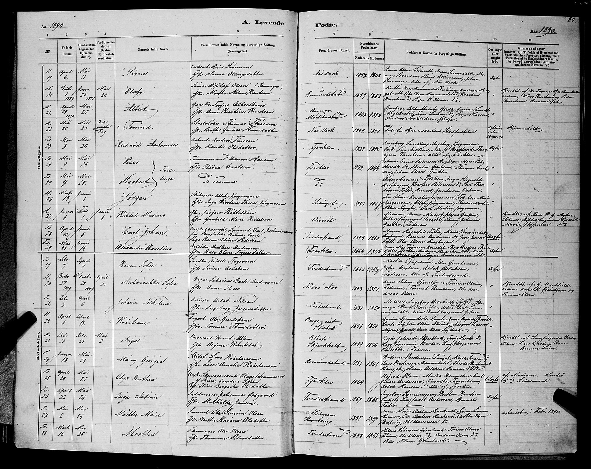 Holt sokneprestkontor, AV/SAK-1111-0021/F/Fb/L0010: Parish register (copy) no. B 10, 1883-1896, p. 80