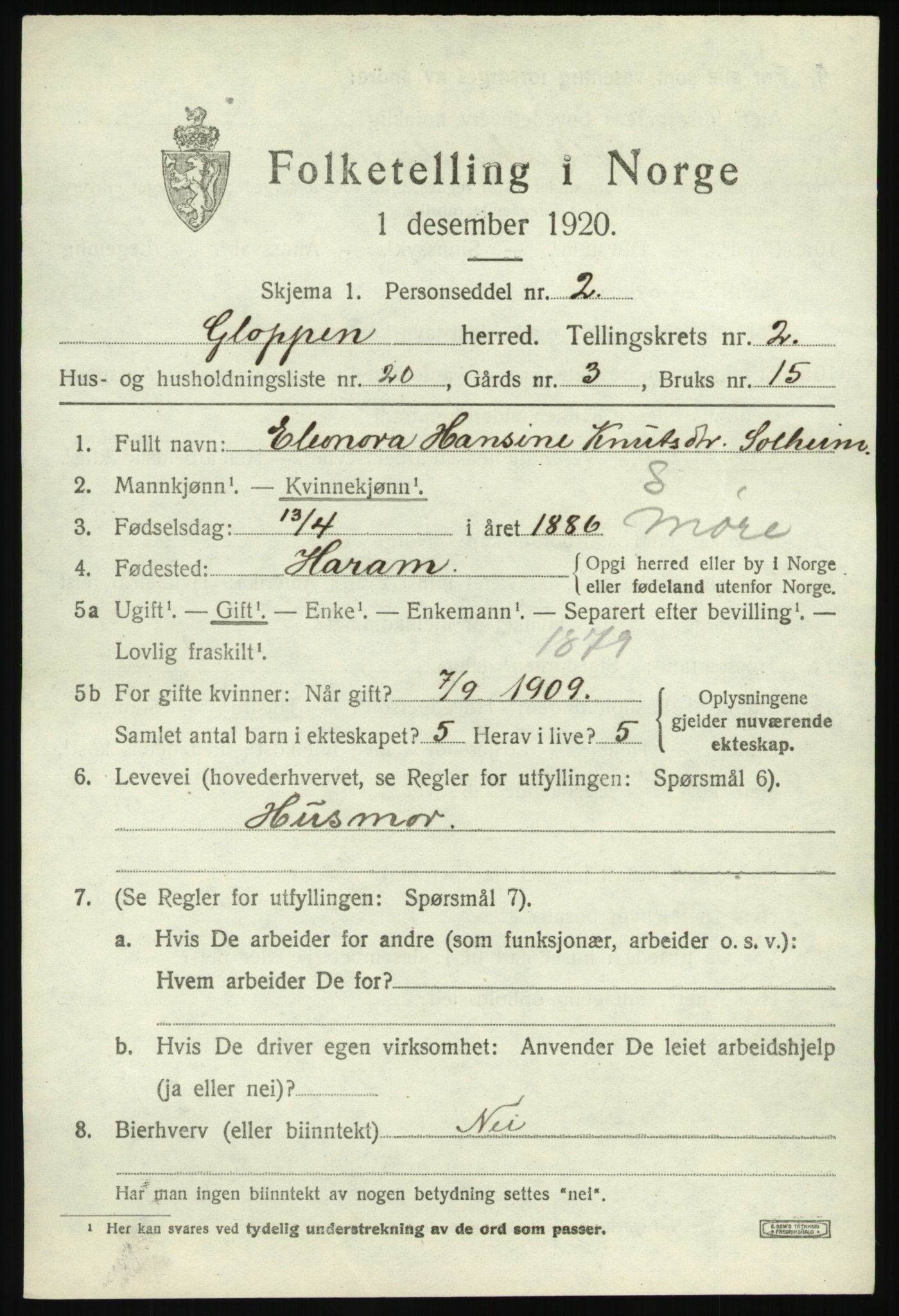SAB, 1920 census for Gloppen, 1920, p. 1466
