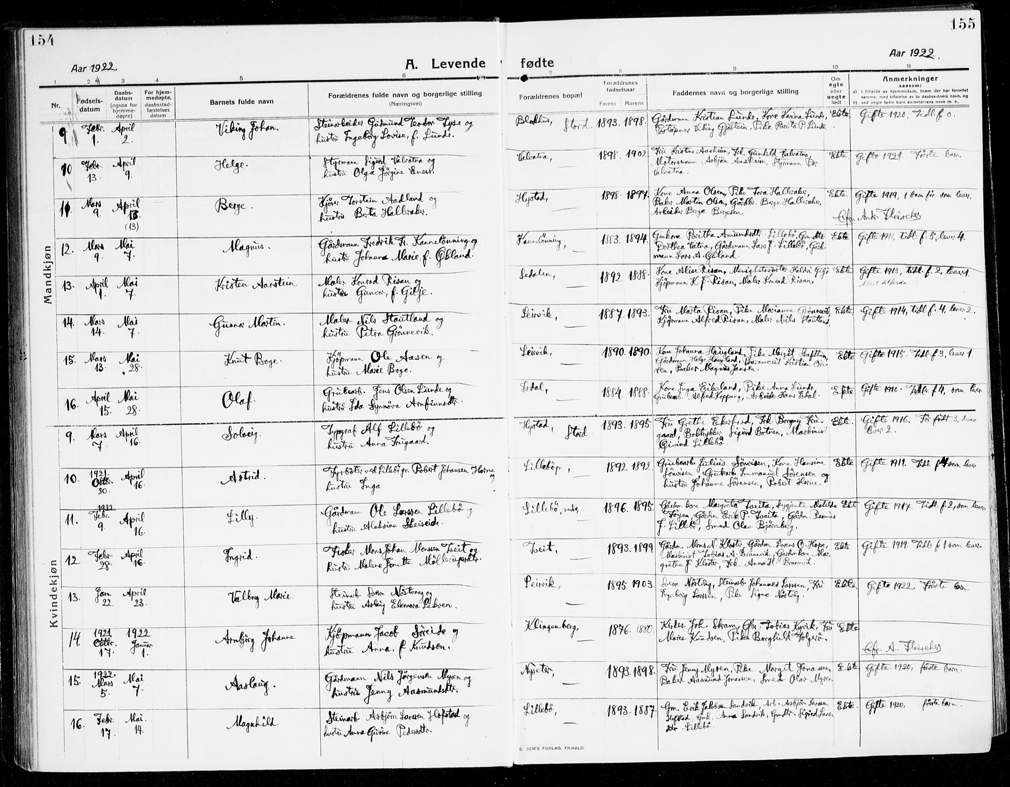 Stord sokneprestembete, AV/SAB-A-78201/H/Haa: Parish register (official) no. B 3, 1913-1925, p. 154-155