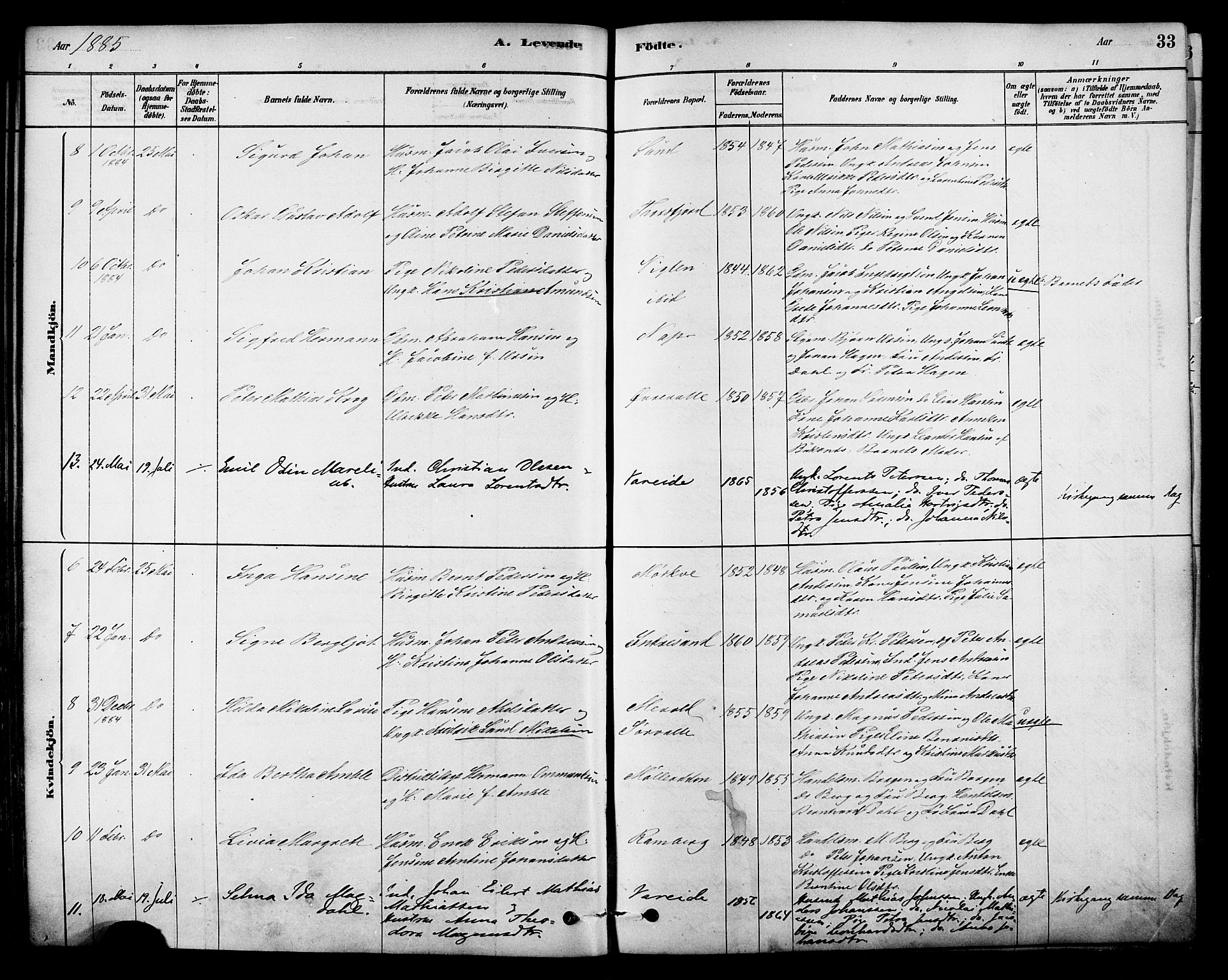 Ministerialprotokoller, klokkerbøker og fødselsregistre - Nordland, AV/SAT-A-1459/885/L1204: Parish register (official) no. 885A05, 1878-1892, p. 33