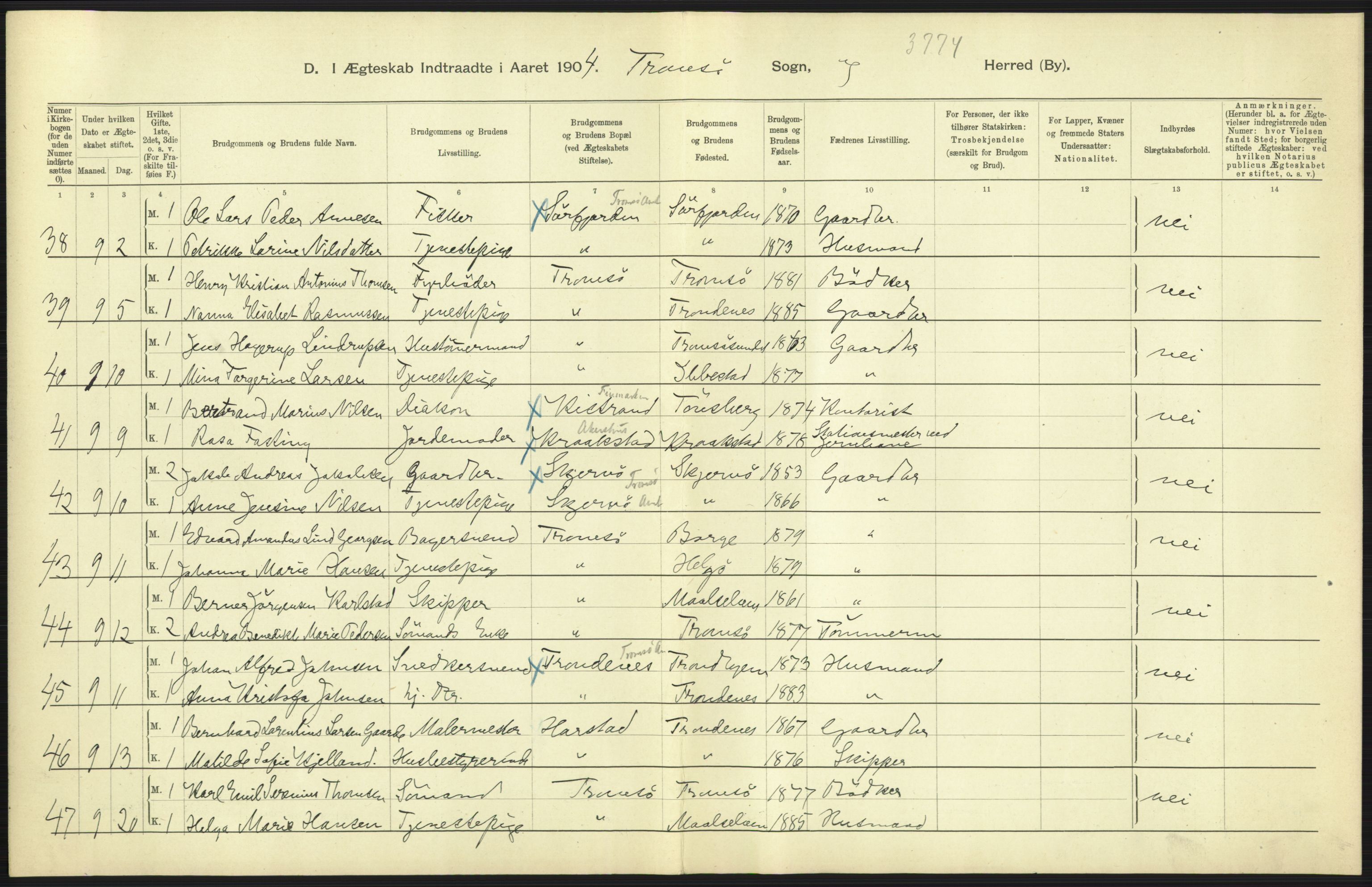Statistisk sentralbyrå, Sosiodemografiske emner, Befolkning, AV/RA-S-2228/D/Df/Dfa/Dfab/L0022: Tromsø amt: Fødte, gifte, døde, 1904, p. 379