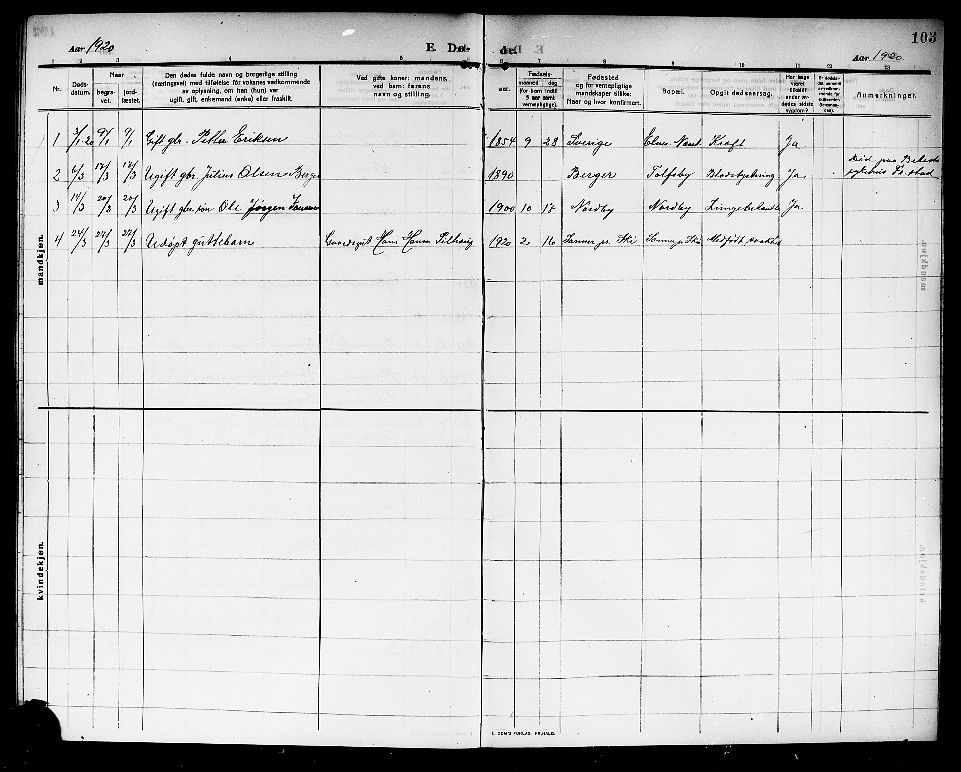 Rakkestad prestekontor Kirkebøker, AV/SAO-A-2008/G/Gb/L0002: Parish register (copy) no. II 2, 1909-1920, p. 103