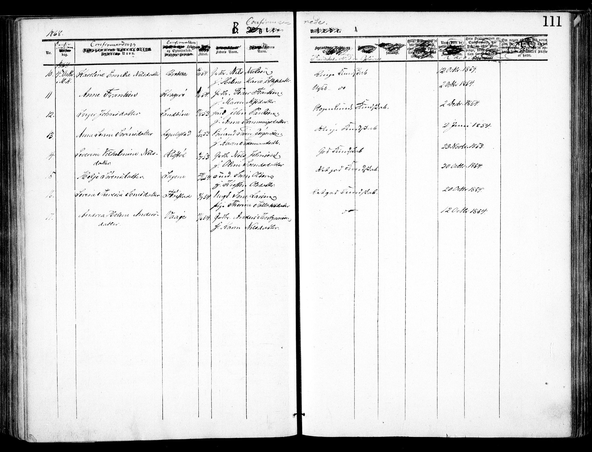 Austre Moland sokneprestkontor, AV/SAK-1111-0001/F/Fa/Faa/L0008: Parish register (official) no. A 8, 1858-1868, p. 111