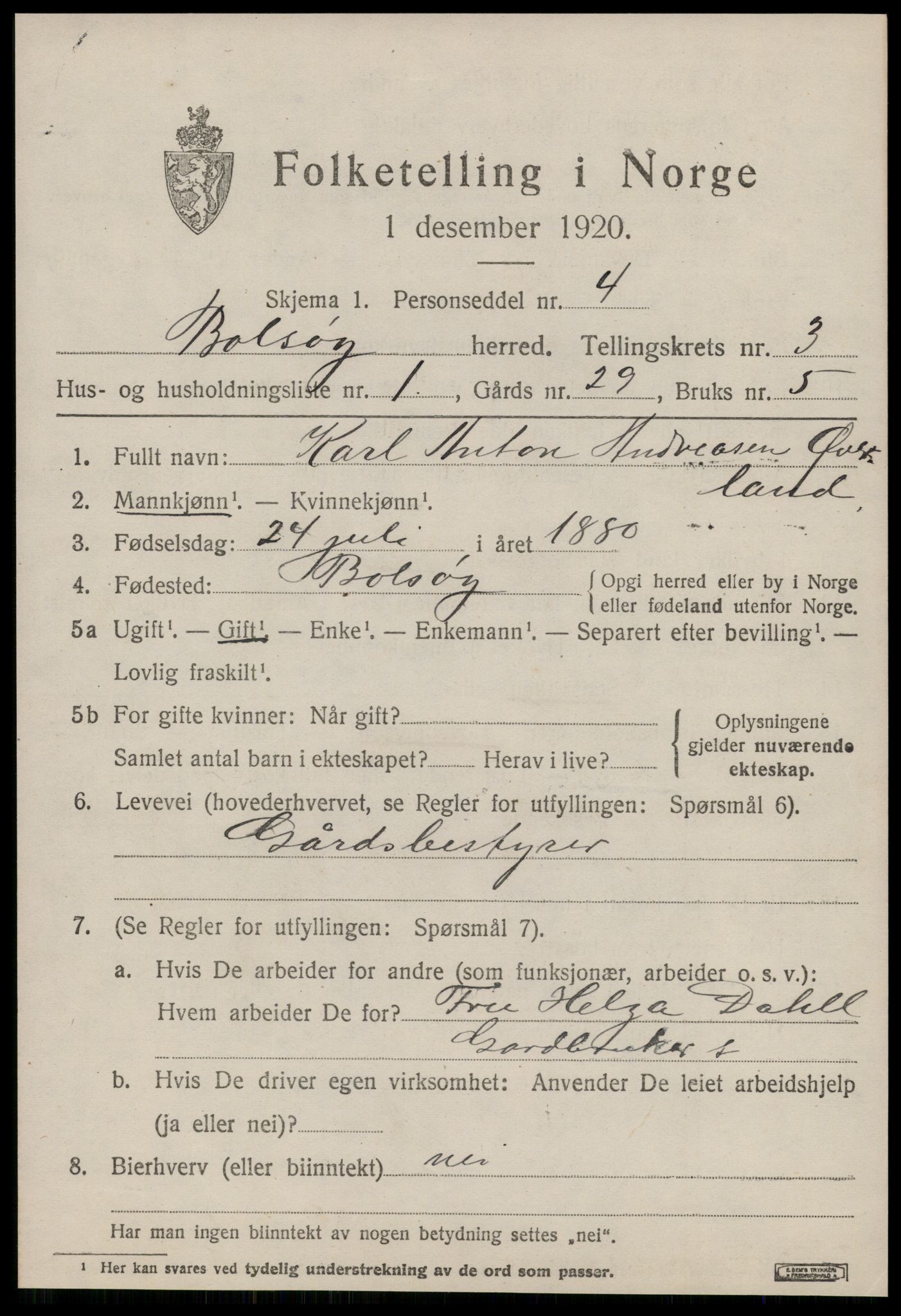 SAT, 1920 census for Bolsøy, 1920, p. 5341