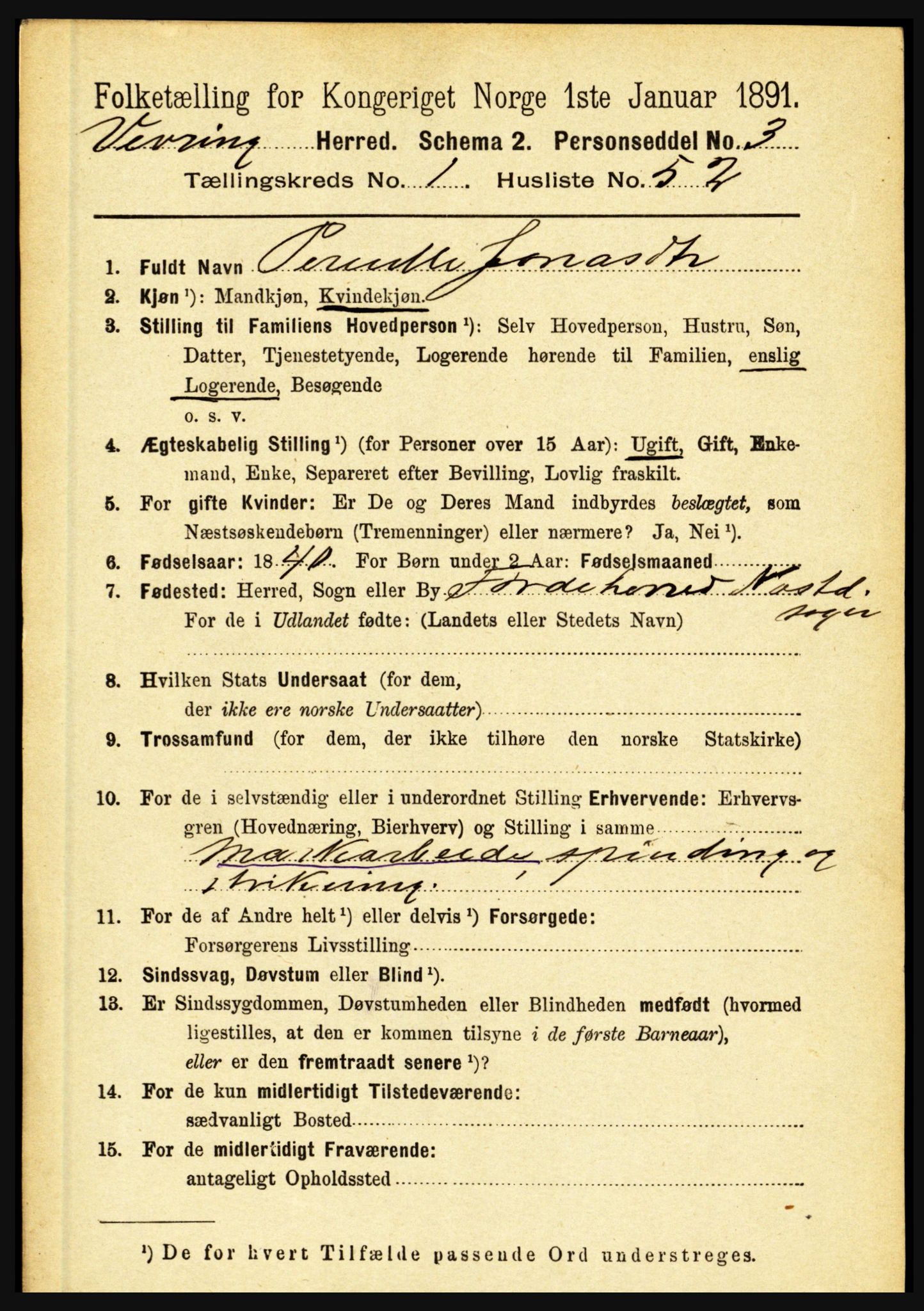 RA, 1891 census for 1434 Vevring, 1891, p. 368