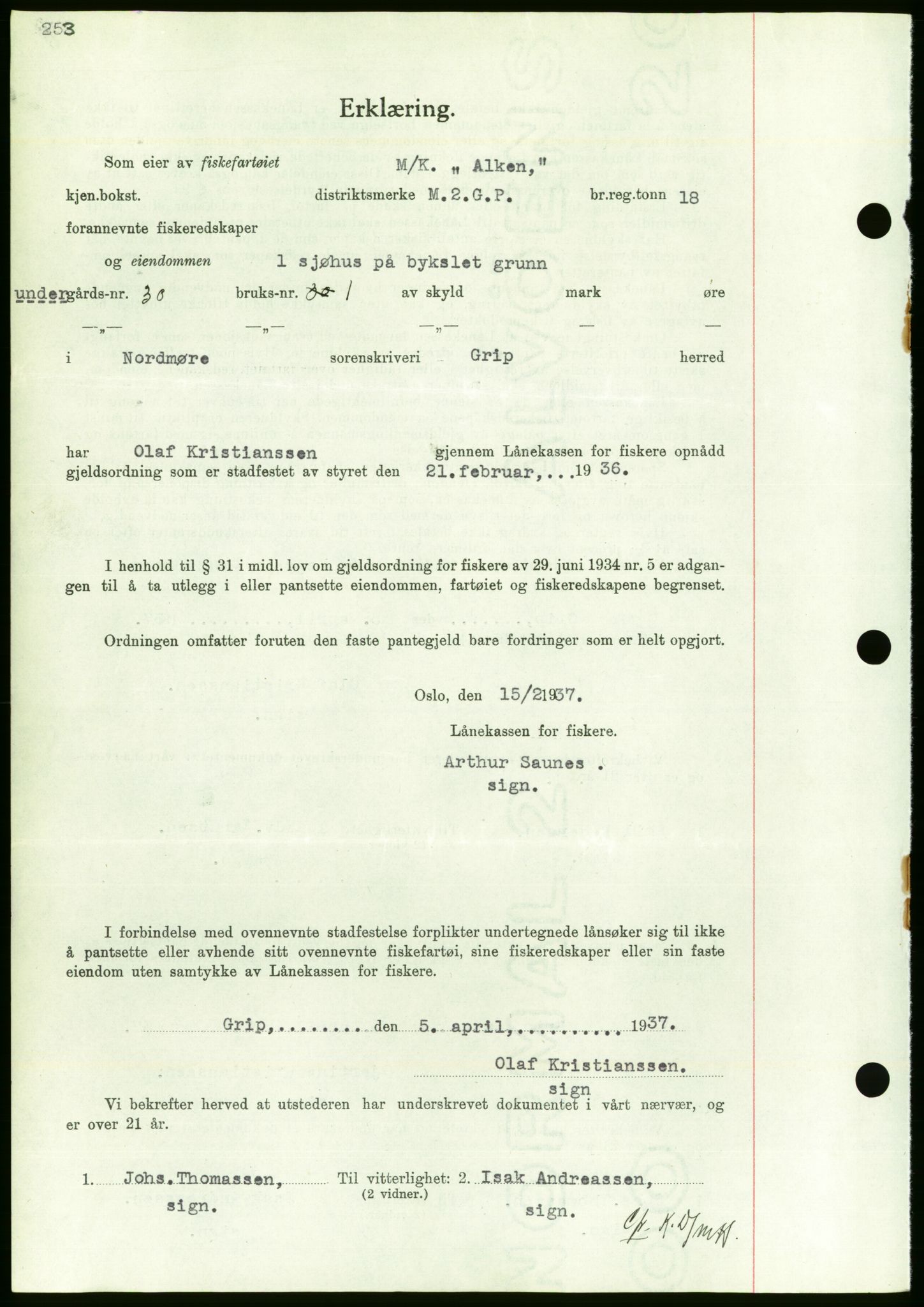 Nordmøre sorenskriveri, AV/SAT-A-4132/1/2/2Ca/L0091: Mortgage book no. B81, 1937-1937, Diary no: : 954/1937