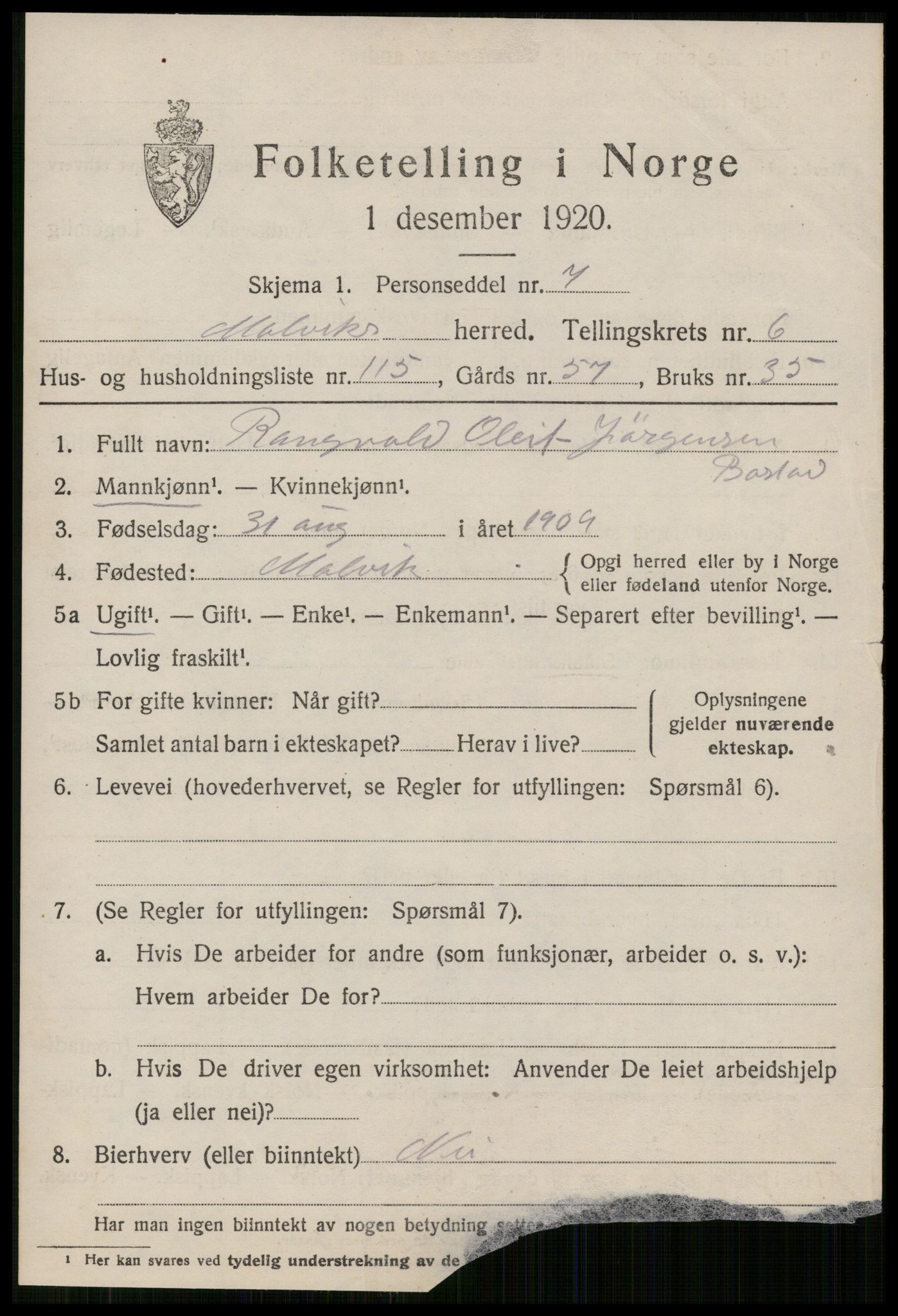 SAT, 1920 census for Malvik, 1920, p. 7214