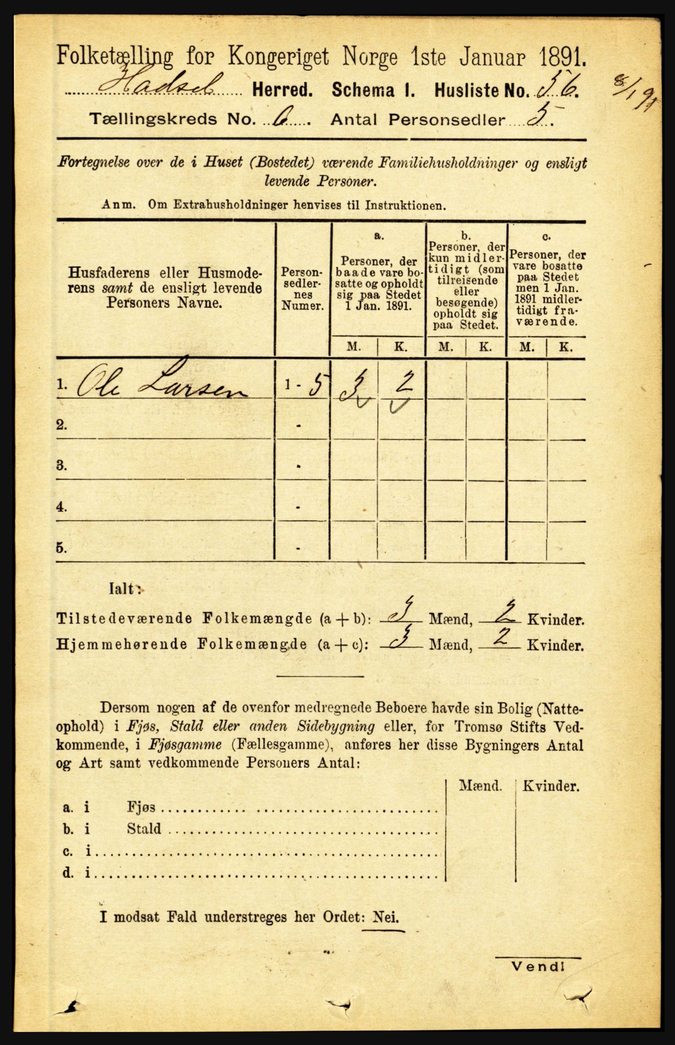 RA, 1891 census for 1866 Hadsel, 1891, p. 2635