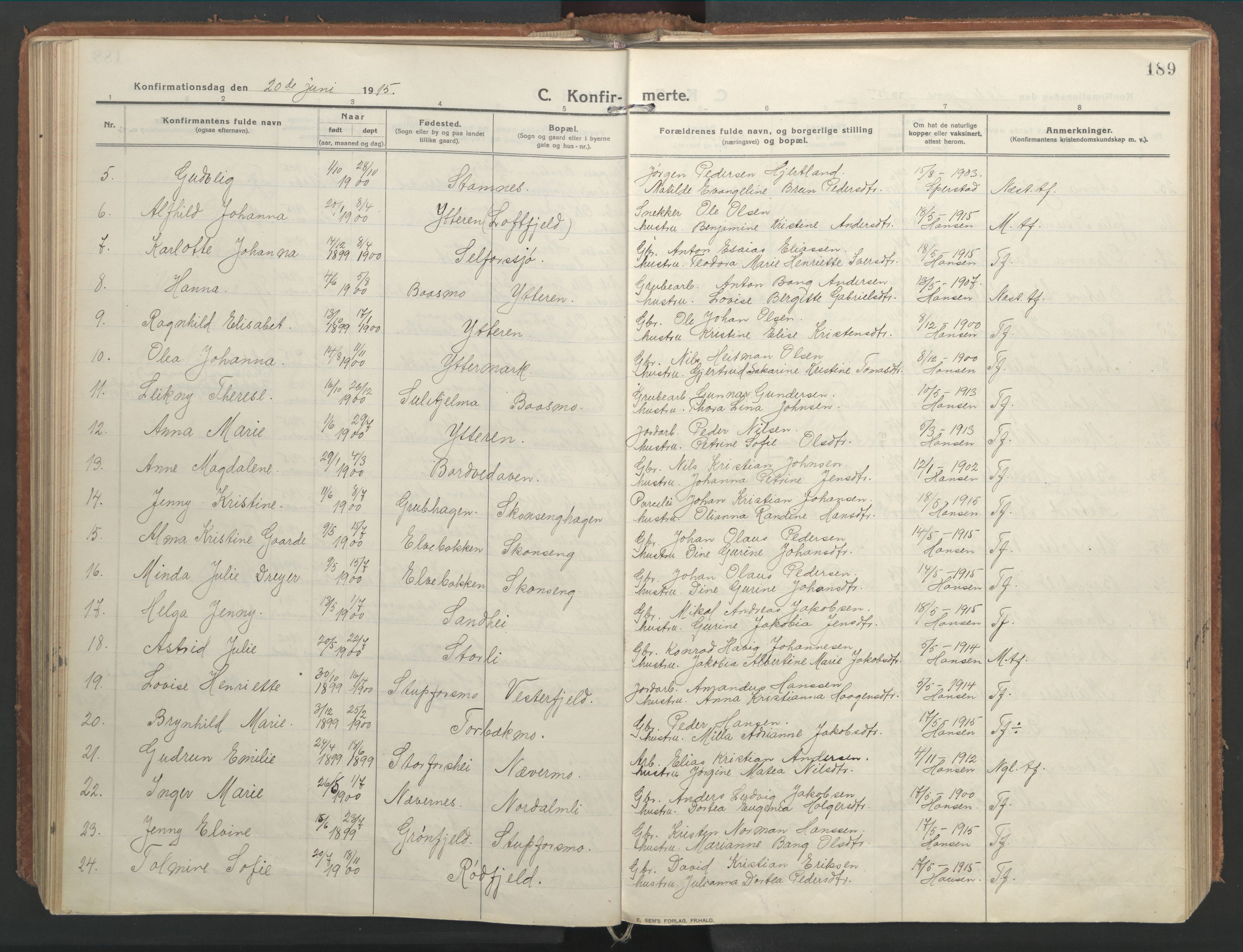 Ministerialprotokoller, klokkerbøker og fødselsregistre - Nordland, SAT/A-1459/827/L0404: Parish register (official) no. 827A16, 1912-1925, p. 189
