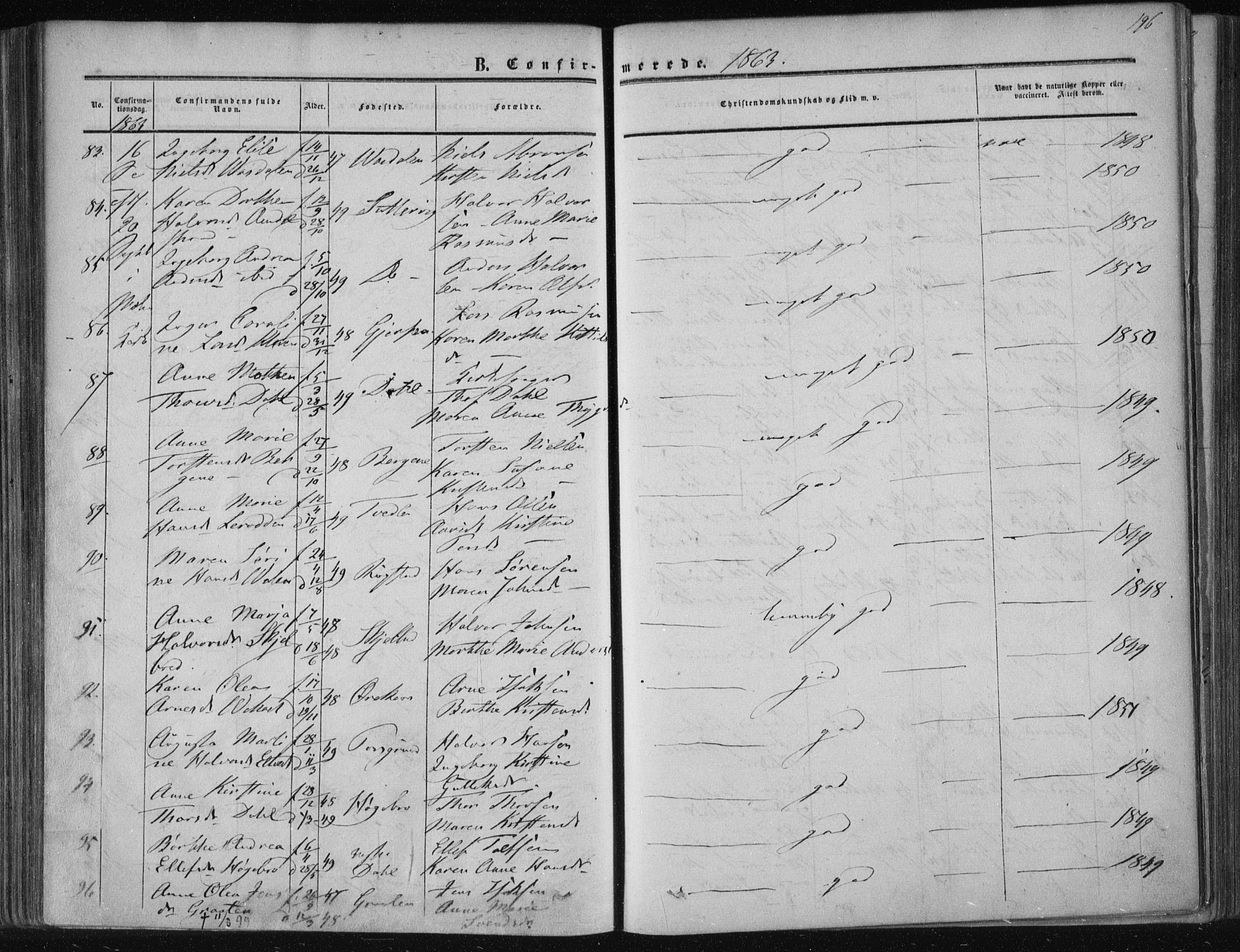 Solum kirkebøker, AV/SAKO-A-306/F/Fa/L0007: Parish register (official) no. I 7, 1856-1864, p. 196