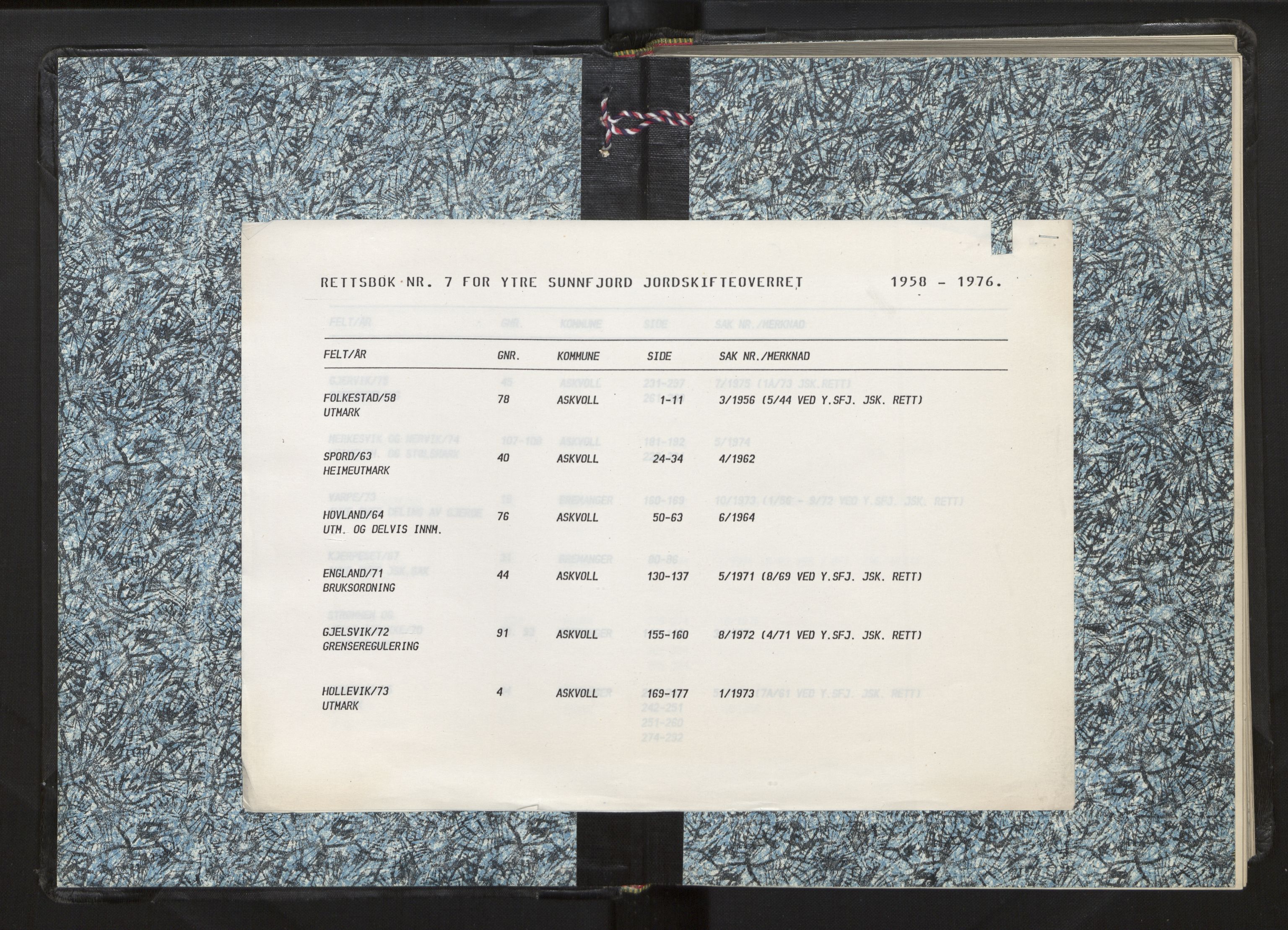 Overdommaren i Sogn og Fjordane jordskiftedøme, AV/SAB-A-5701/A/L0007: Overrettsprotokoll, 1958-1976