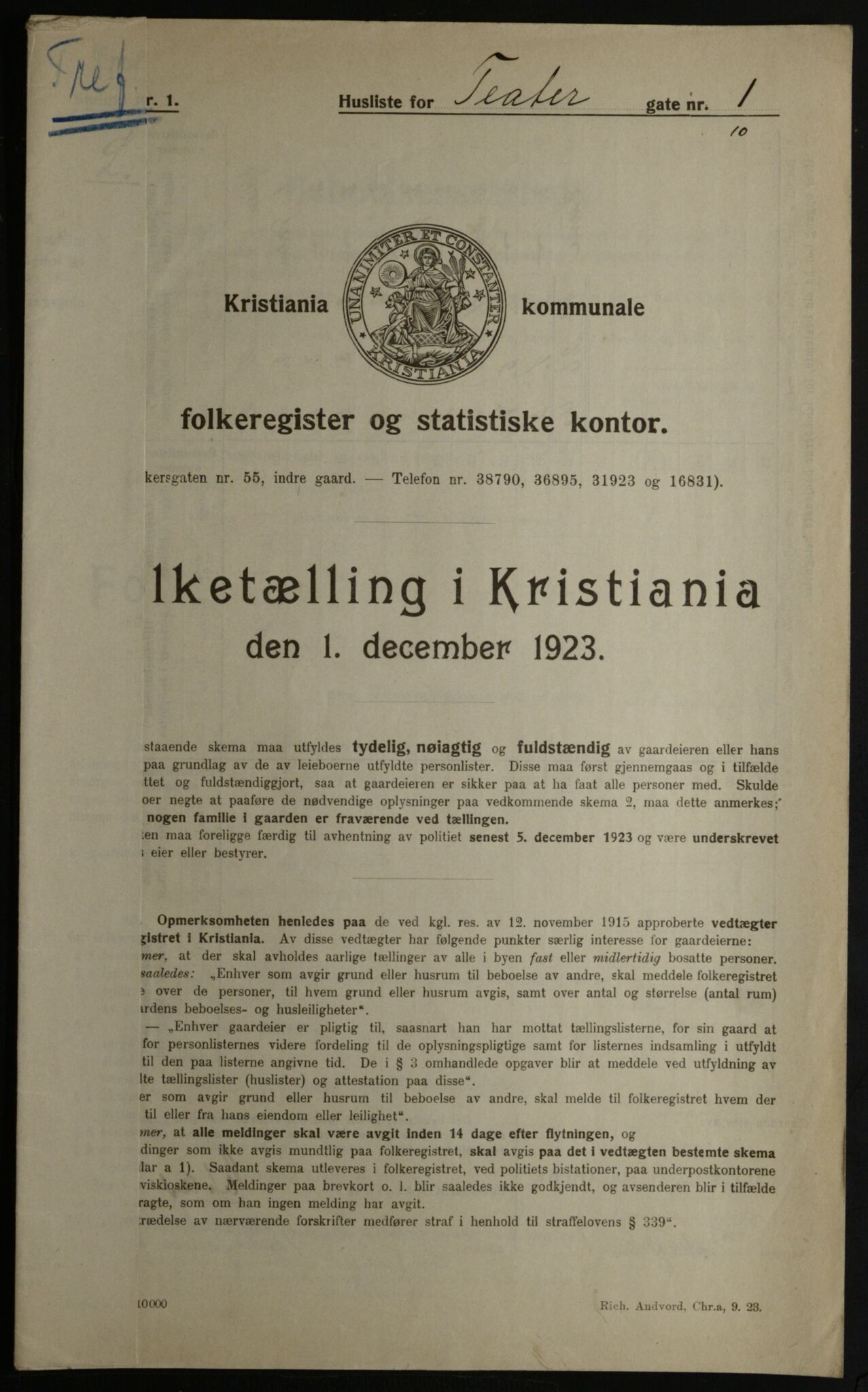 OBA, Municipal Census 1923 for Kristiania, 1923, p. 118416