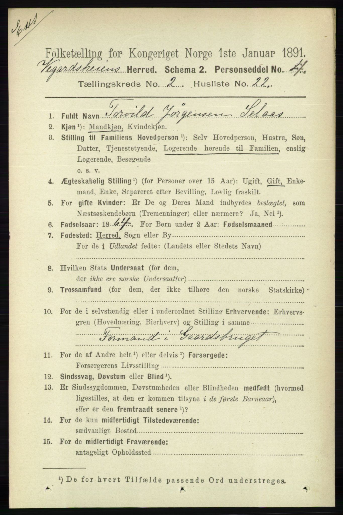 RA, Census 1891 for Nedenes amt: Gjenparter av personsedler for beslektede ektefeller, menn, 1891, p. 7