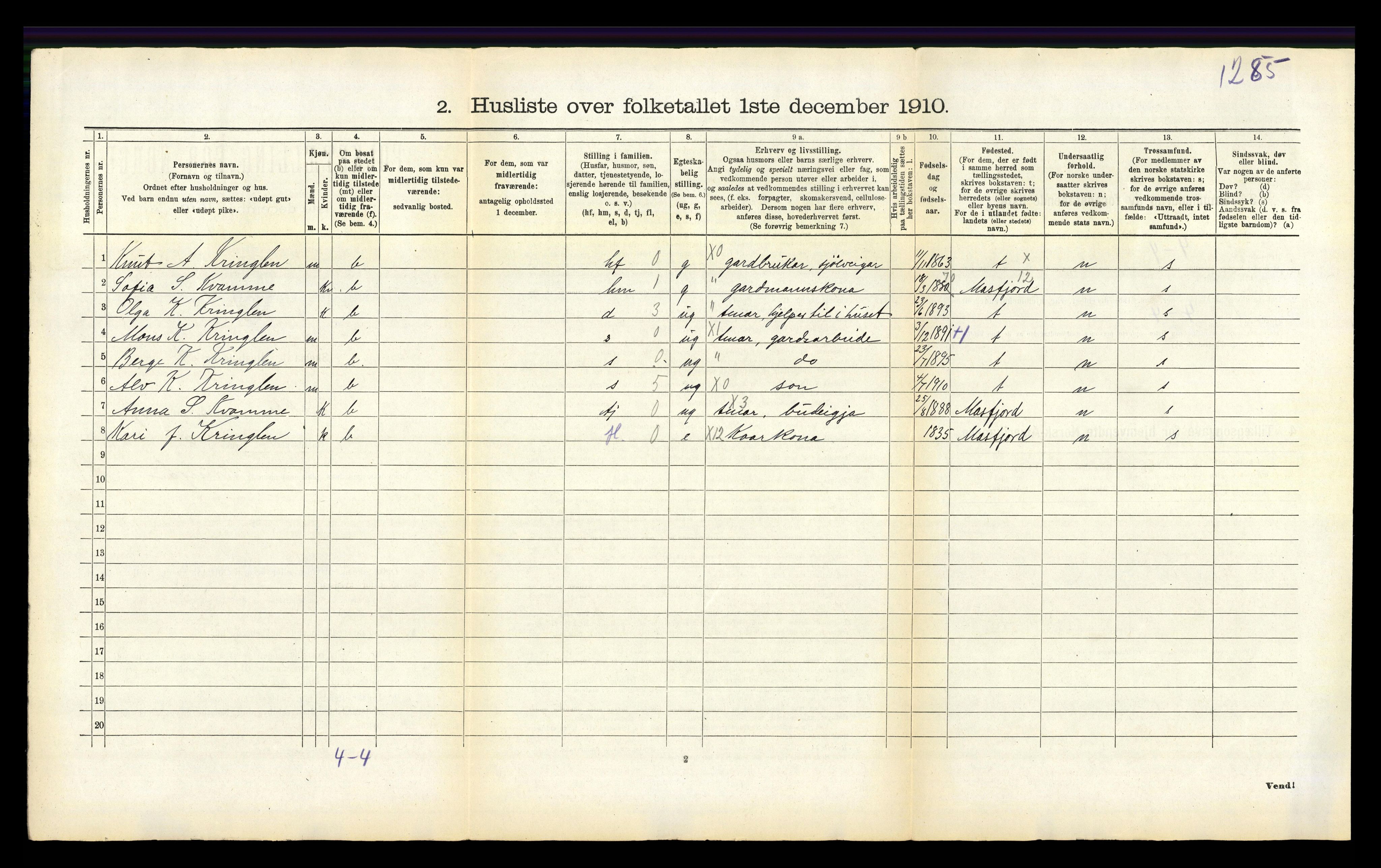 RA, 1910 census for Brekke, 1910, p. 134