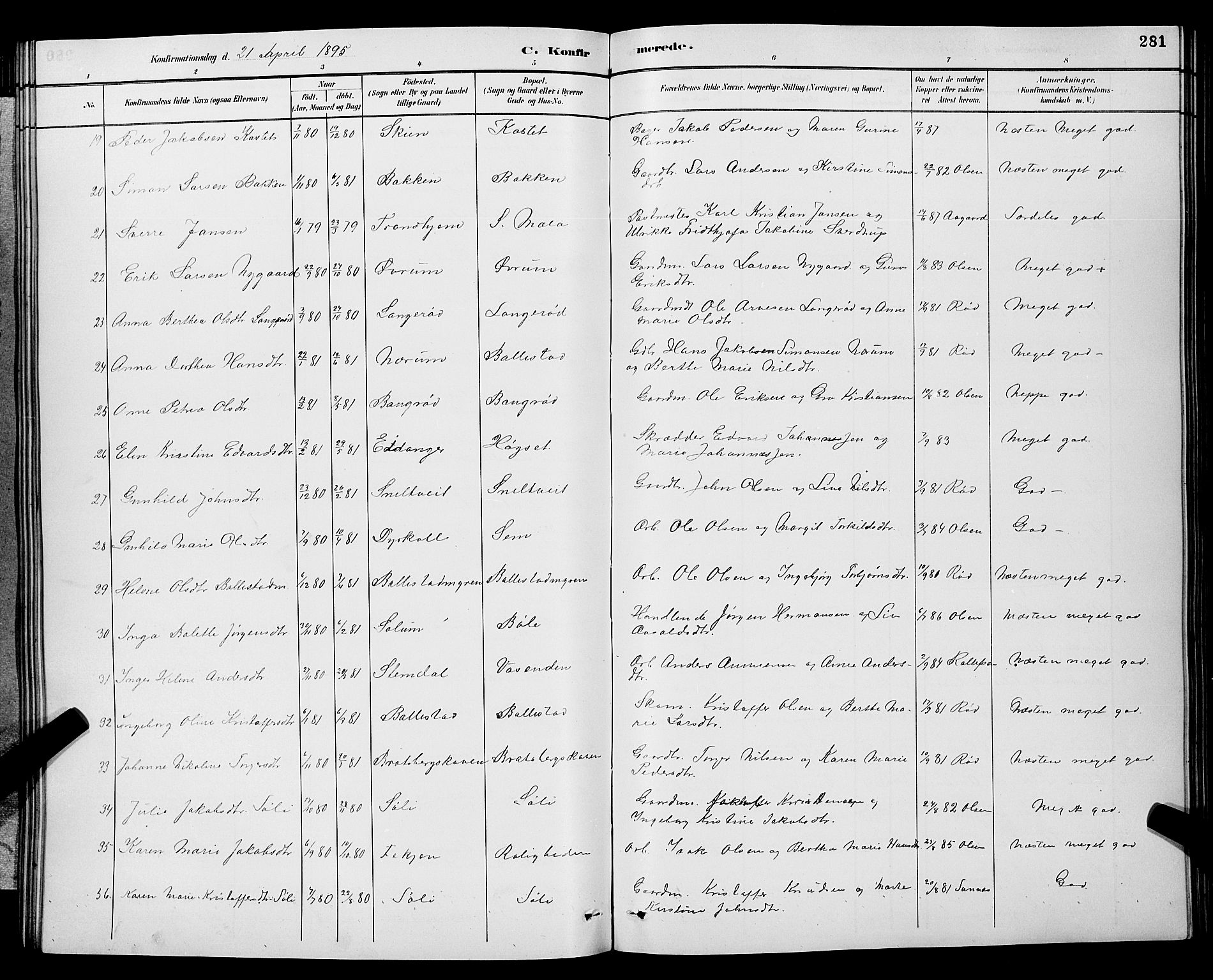 Gjerpen kirkebøker, SAKO/A-265/G/Ga/L0002: Parish register (copy) no. I 2, 1883-1900, p. 281