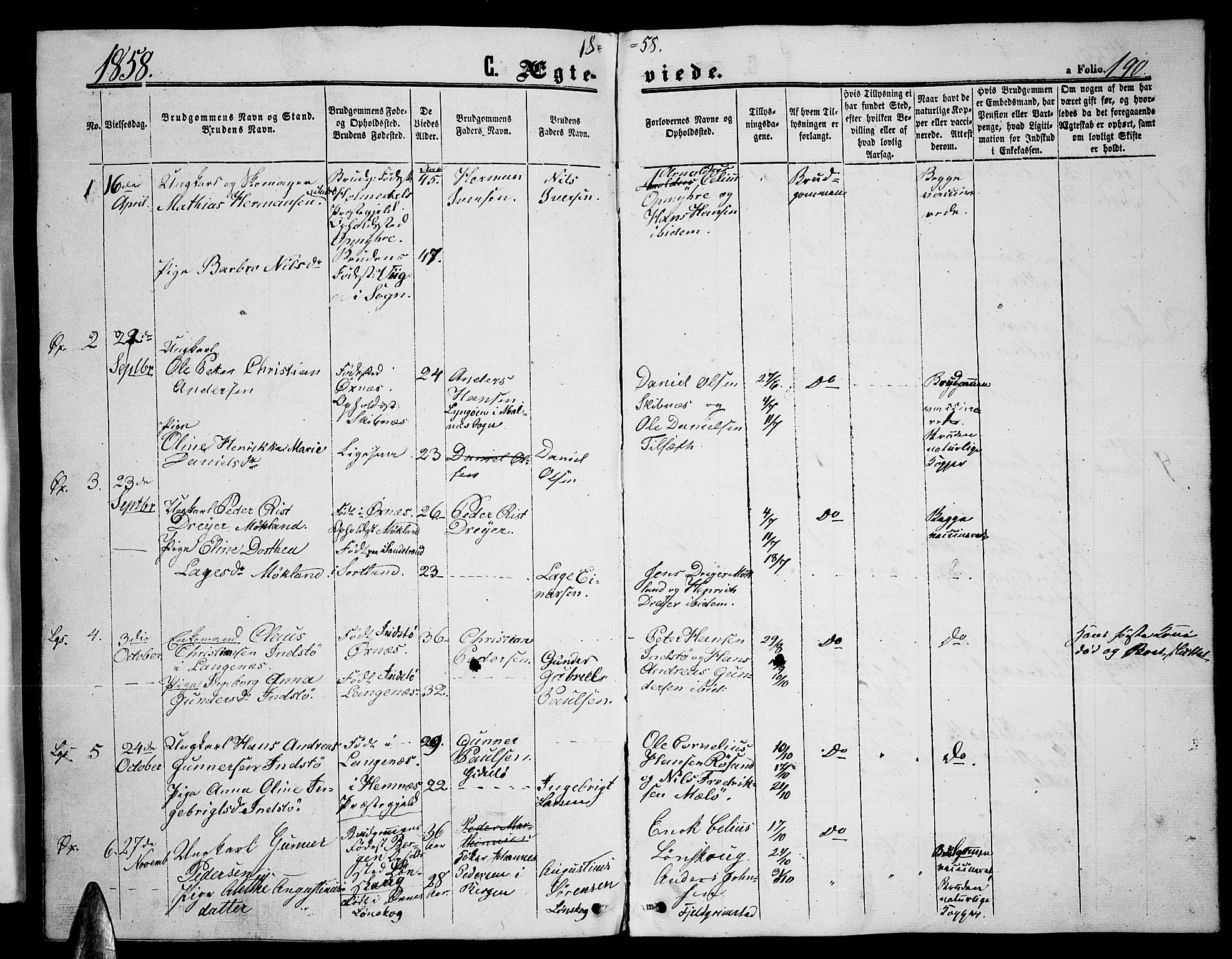 Ministerialprotokoller, klokkerbøker og fødselsregistre - Nordland, SAT/A-1459/893/L1347: Parish register (copy) no. 893C02, 1858-1866, p. 190