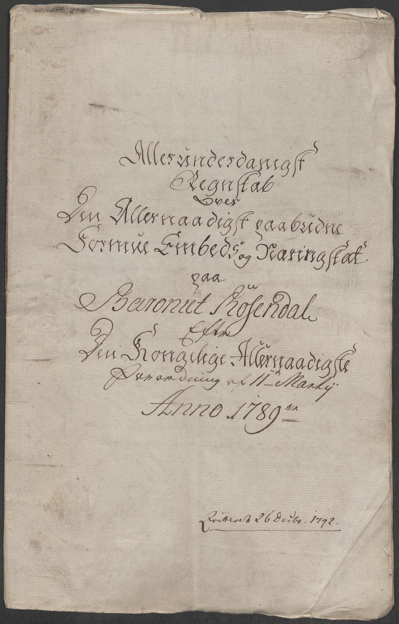 Rentekammeret inntil 1814, Reviderte regnskaper, Mindre regnskaper, RA/EA-4068/Rf/Rfe/L0039: Rosendal baroni, Ryfylke fogderi, 1789, p. 5