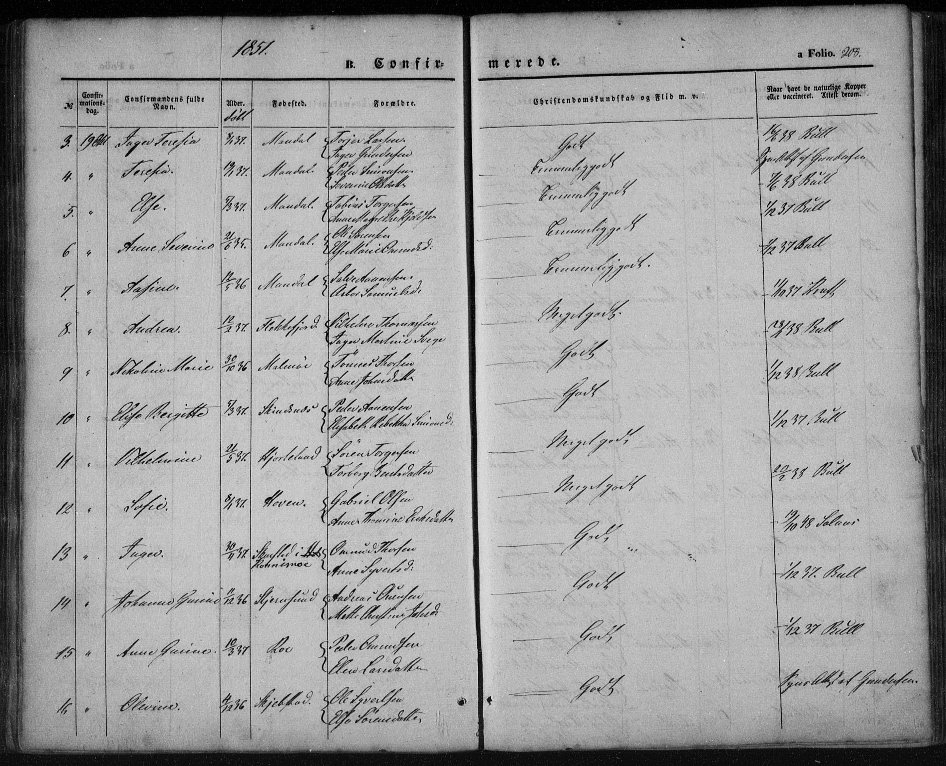 Mandal sokneprestkontor, AV/SAK-1111-0030/F/Fa/Faa/L0013: Parish register (official) no. A 13, 1847-1859, p. 208