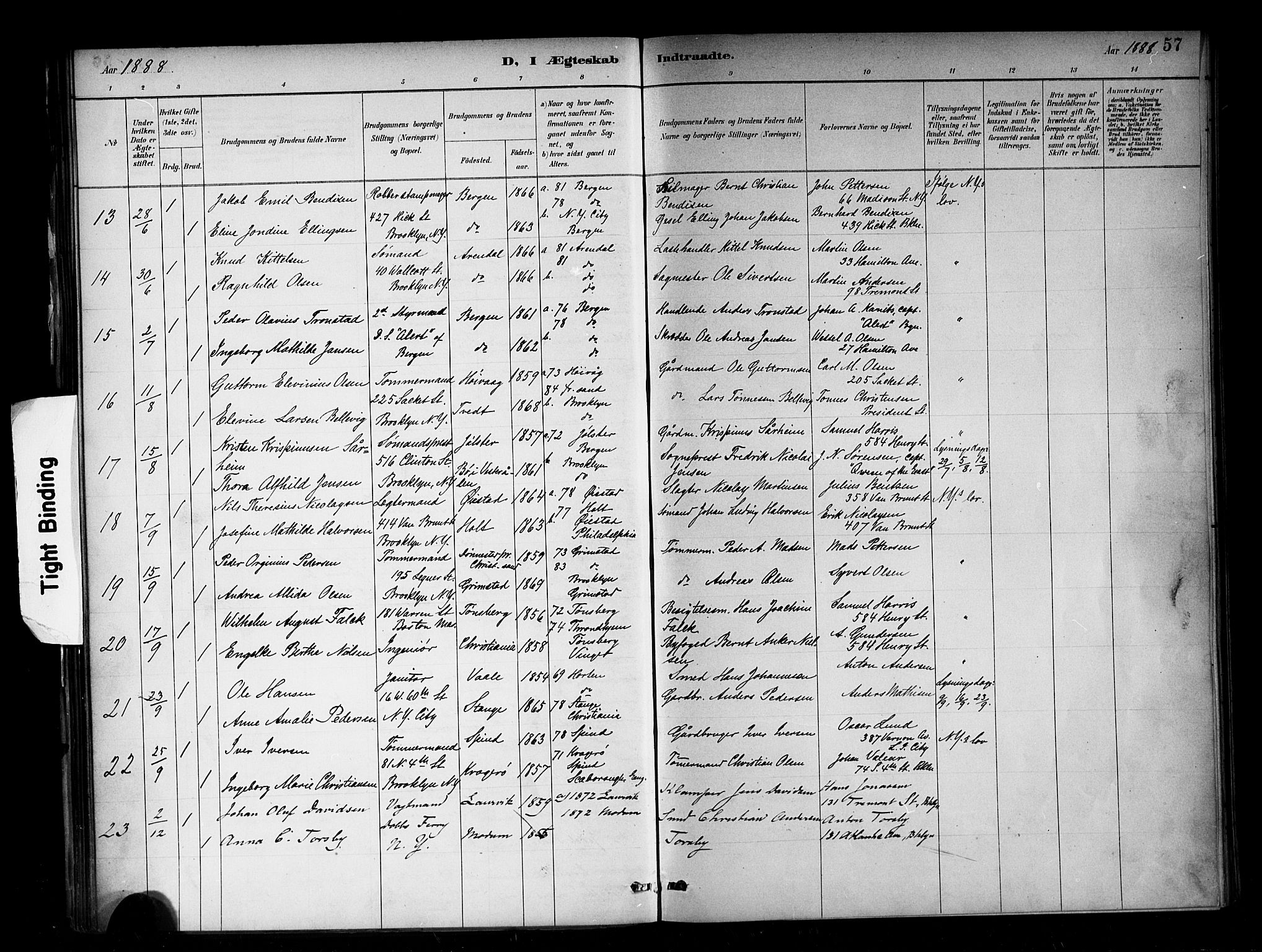 Den norske sjømannsmisjon i utlandet/New York, SAB/SAB/PA-0110/H/Ha/L0002: Parish register (official) no. A 2, 1886-1888, p. 57