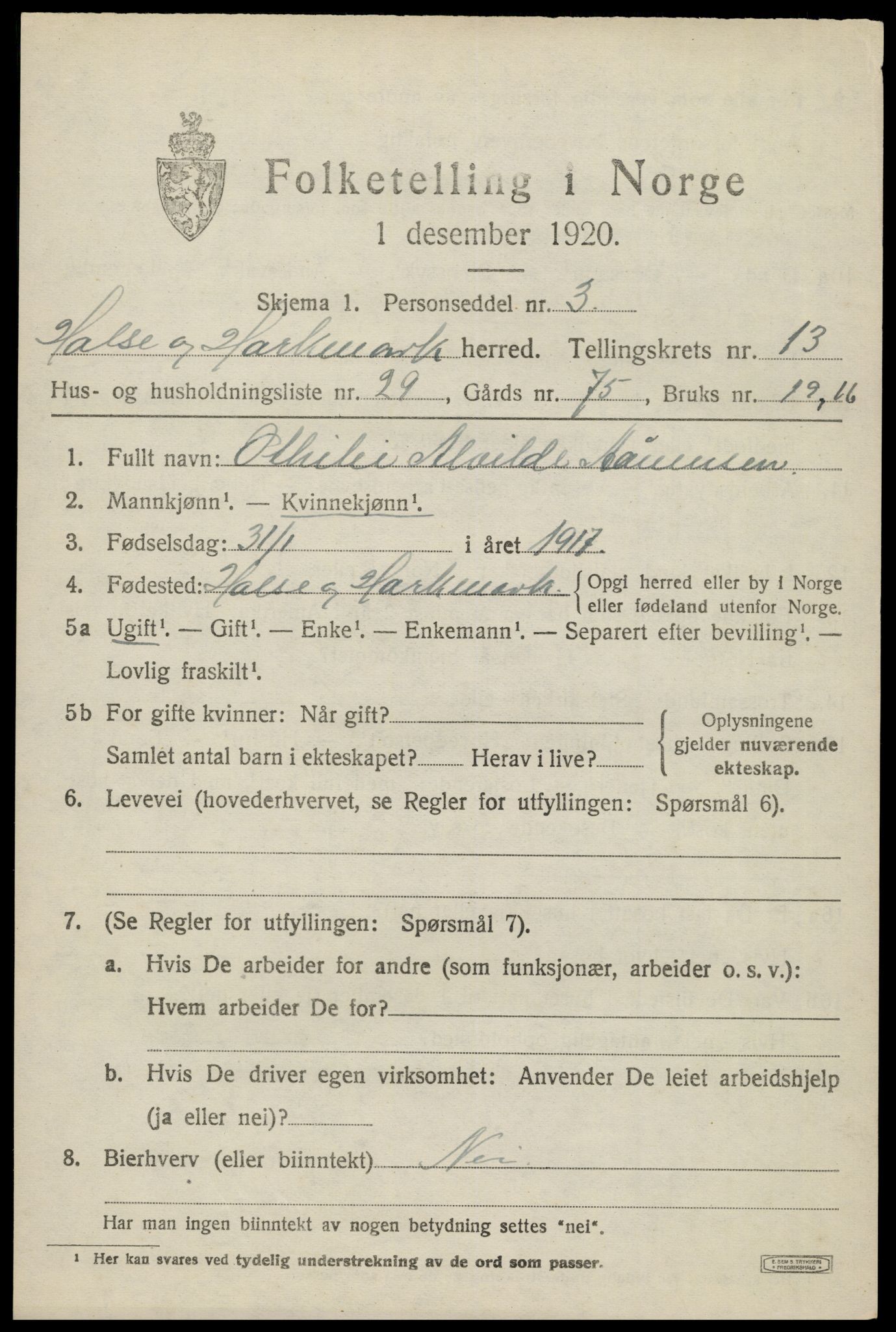 SAK, 1920 census for Halse og Harkmark, 1920, p. 7257