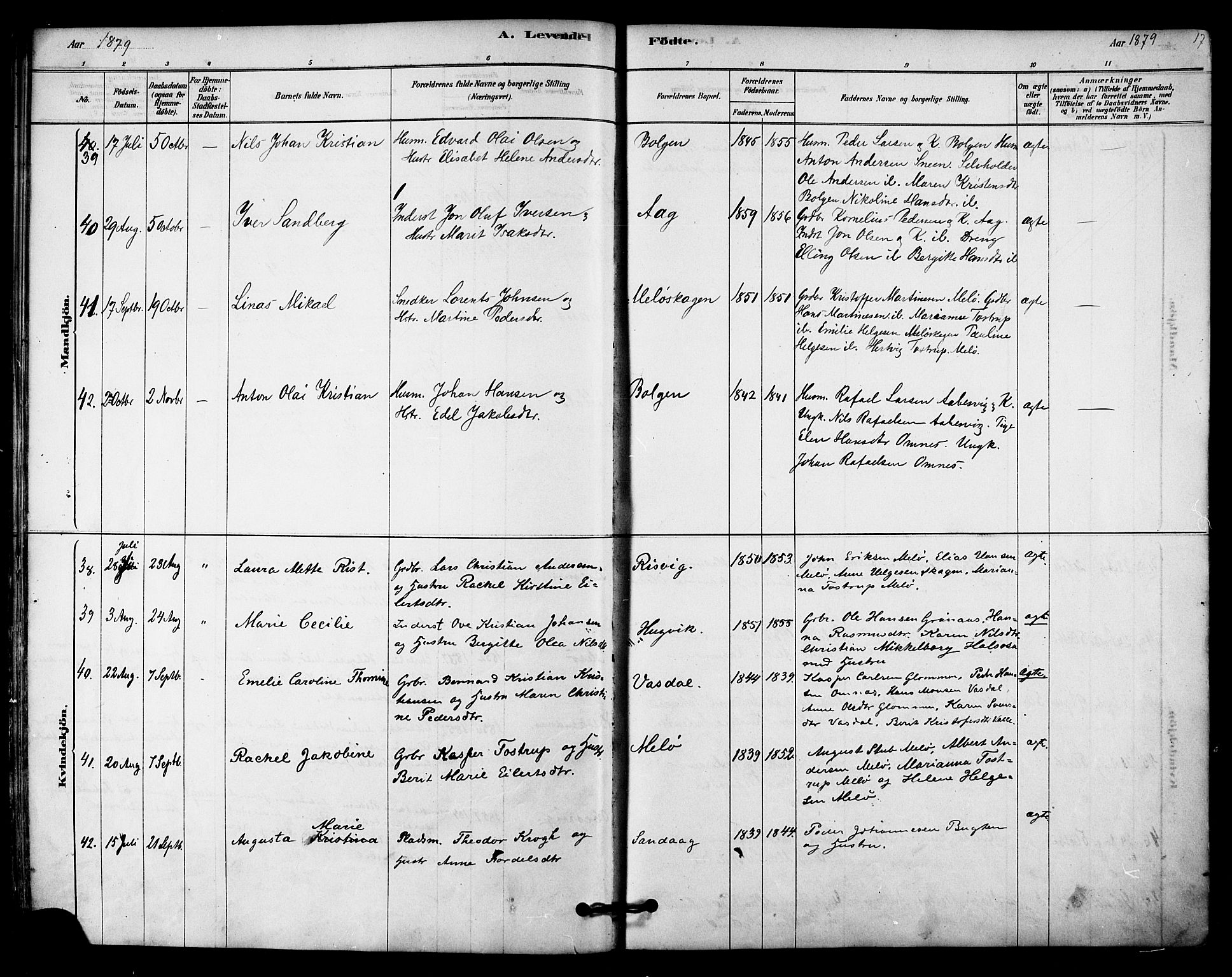 Ministerialprotokoller, klokkerbøker og fødselsregistre - Nordland, SAT/A-1459/843/L0626: Parish register (official) no. 843A01, 1878-1907, p. 17
