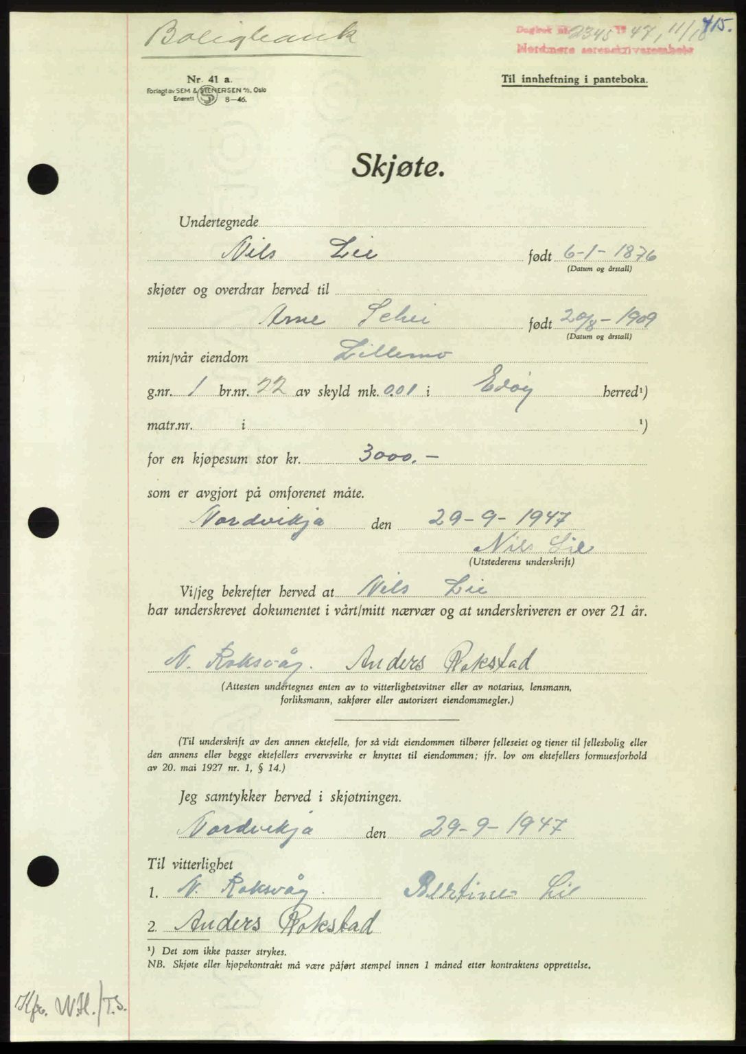 Nordmøre sorenskriveri, AV/SAT-A-4132/1/2/2Ca: Mortgage book no. A106, 1947-1947, Diary no: : 2345/1947