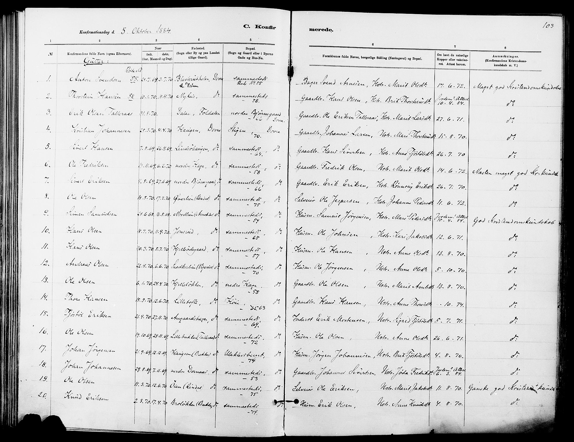 Dovre prestekontor, SAH/PREST-066/H/Ha/Haa/L0002: Parish register (official) no. 2, 1879-1890, p. 103
