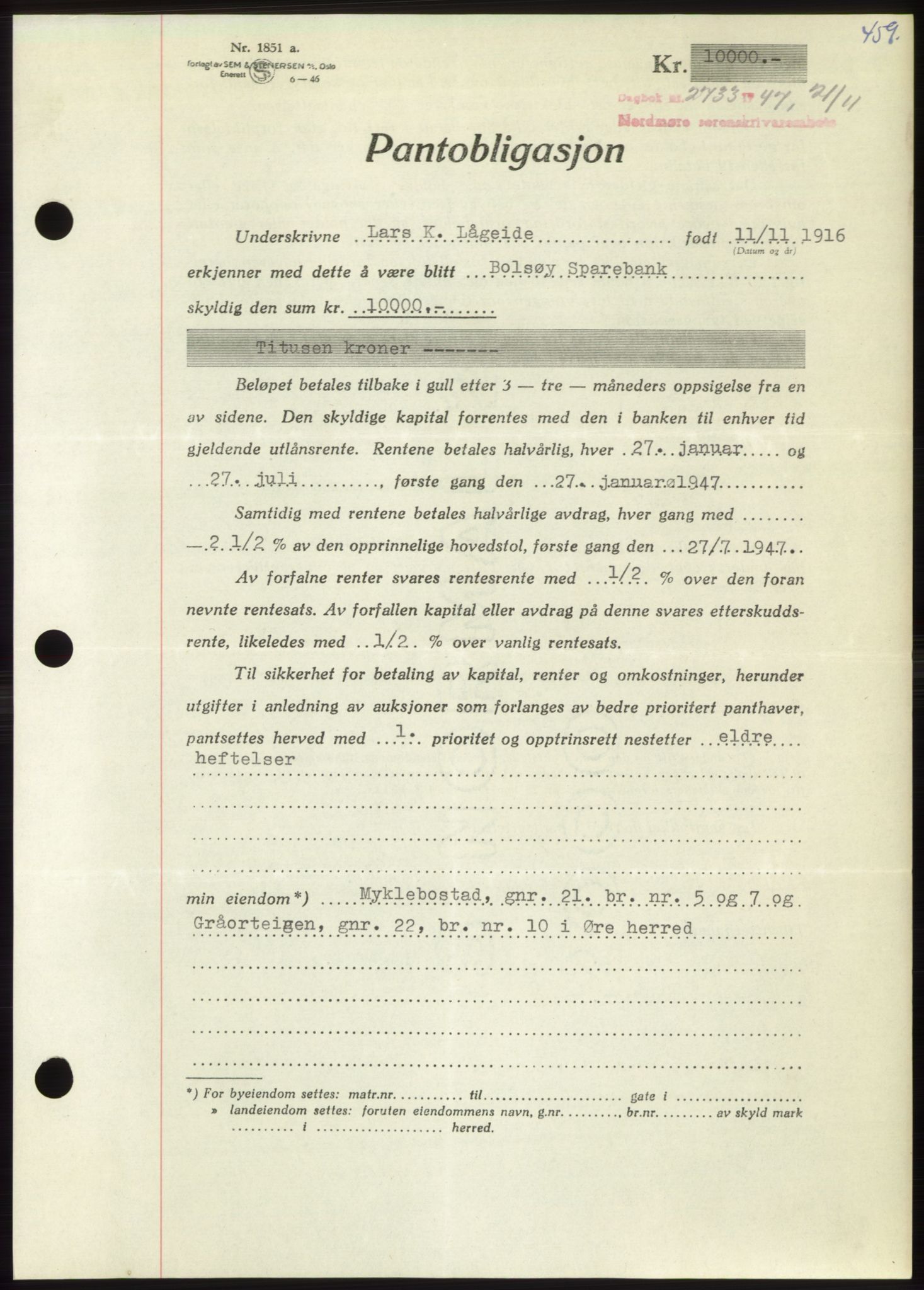 Nordmøre sorenskriveri, AV/SAT-A-4132/1/2/2Ca: Mortgage book no. B97, 1947-1948, Diary no: : 2733/1947