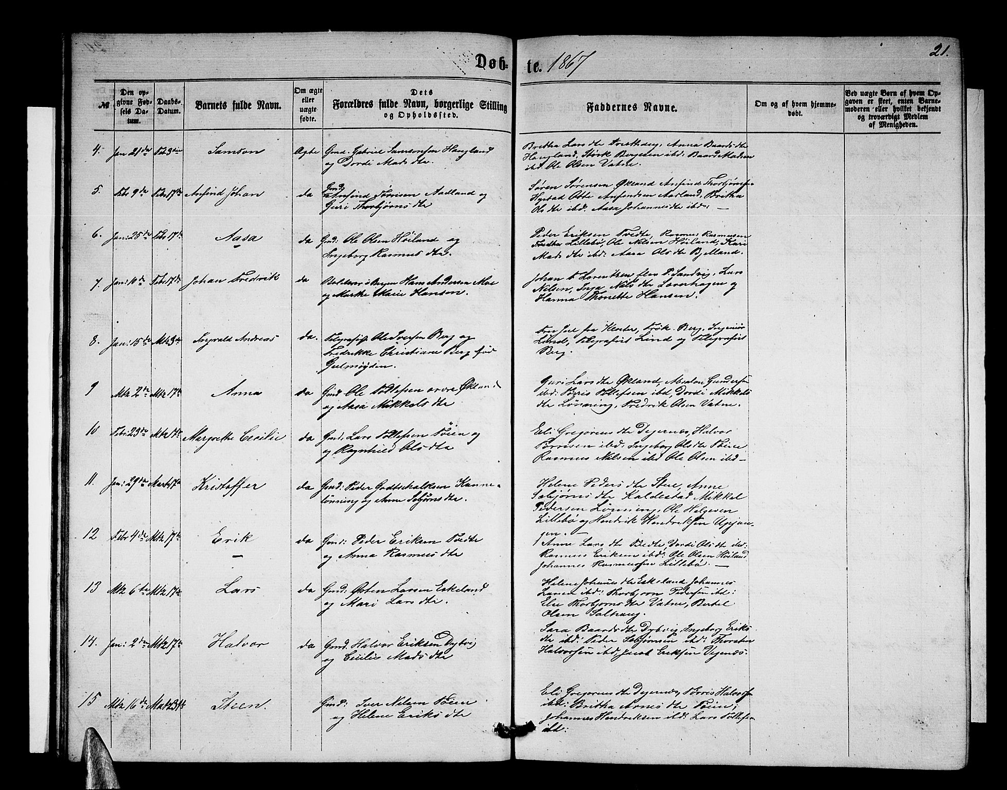 Stord sokneprestembete, AV/SAB-A-78201/H/Hab: Parish register (copy) no. A 1, 1864-1878, p. 21