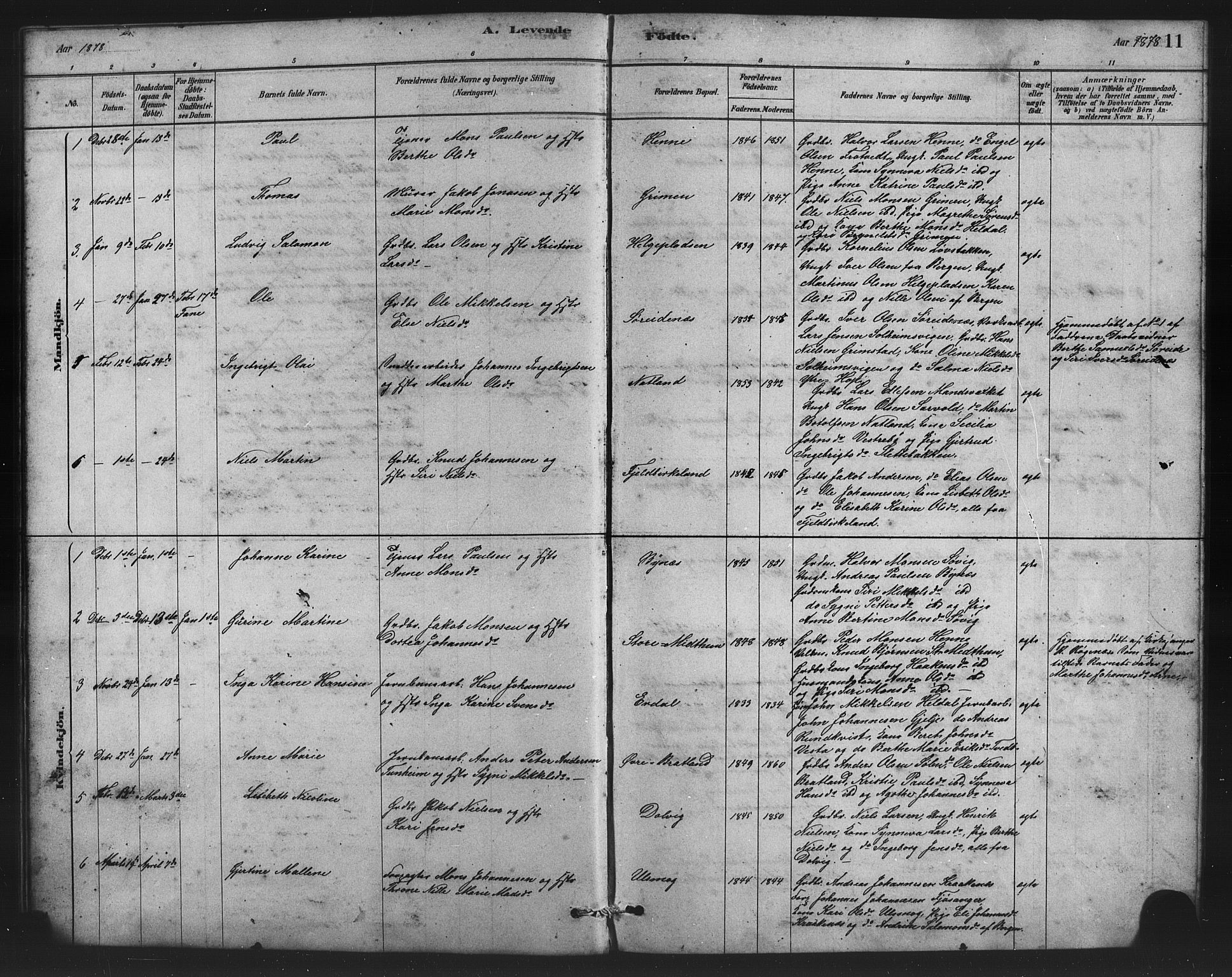 Birkeland Sokneprestembete, SAB/A-74601/H/Hab: Parish register (copy) no. A 3, 1877-1887, p. 11