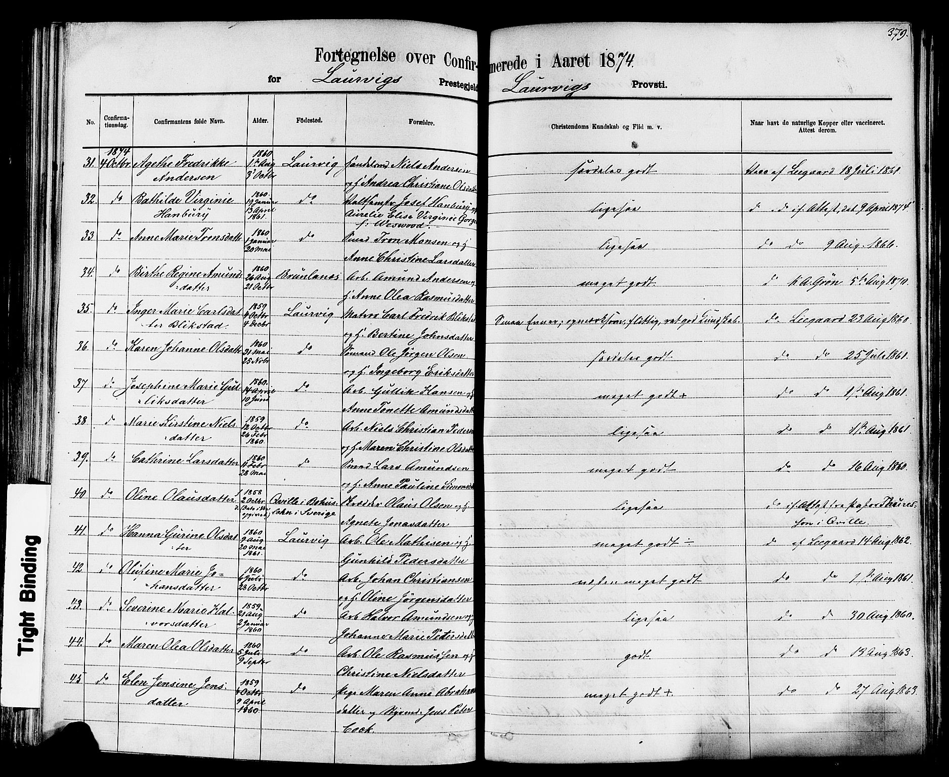 Larvik kirkebøker, AV/SAKO-A-352/F/Fa/L0006: Parish register (official) no. I 6, 1871-1883, p. 379