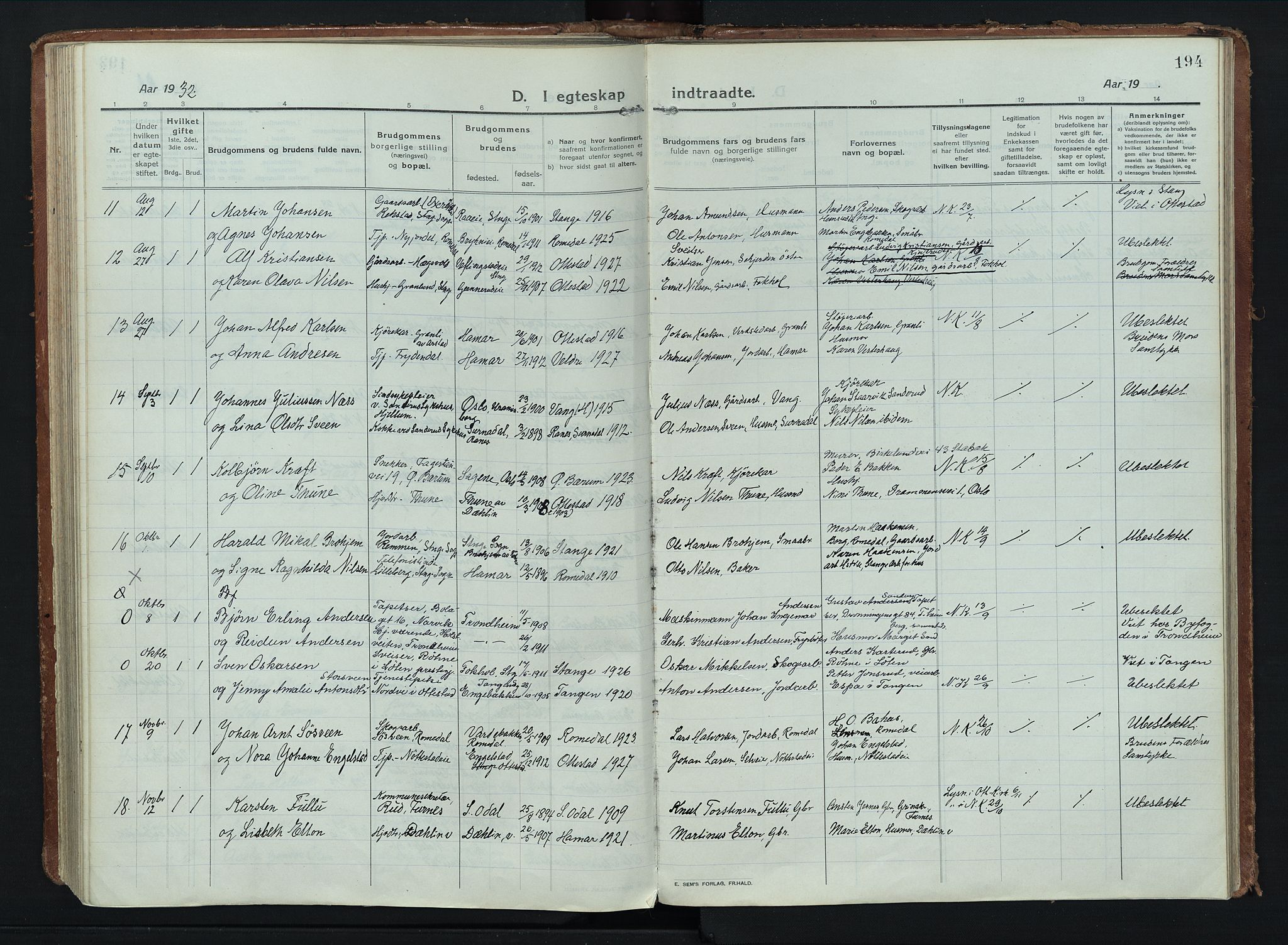 Stange prestekontor, AV/SAH-PREST-002/K/L0028: Parish register (official) no. 28, 1913-1932, p. 194