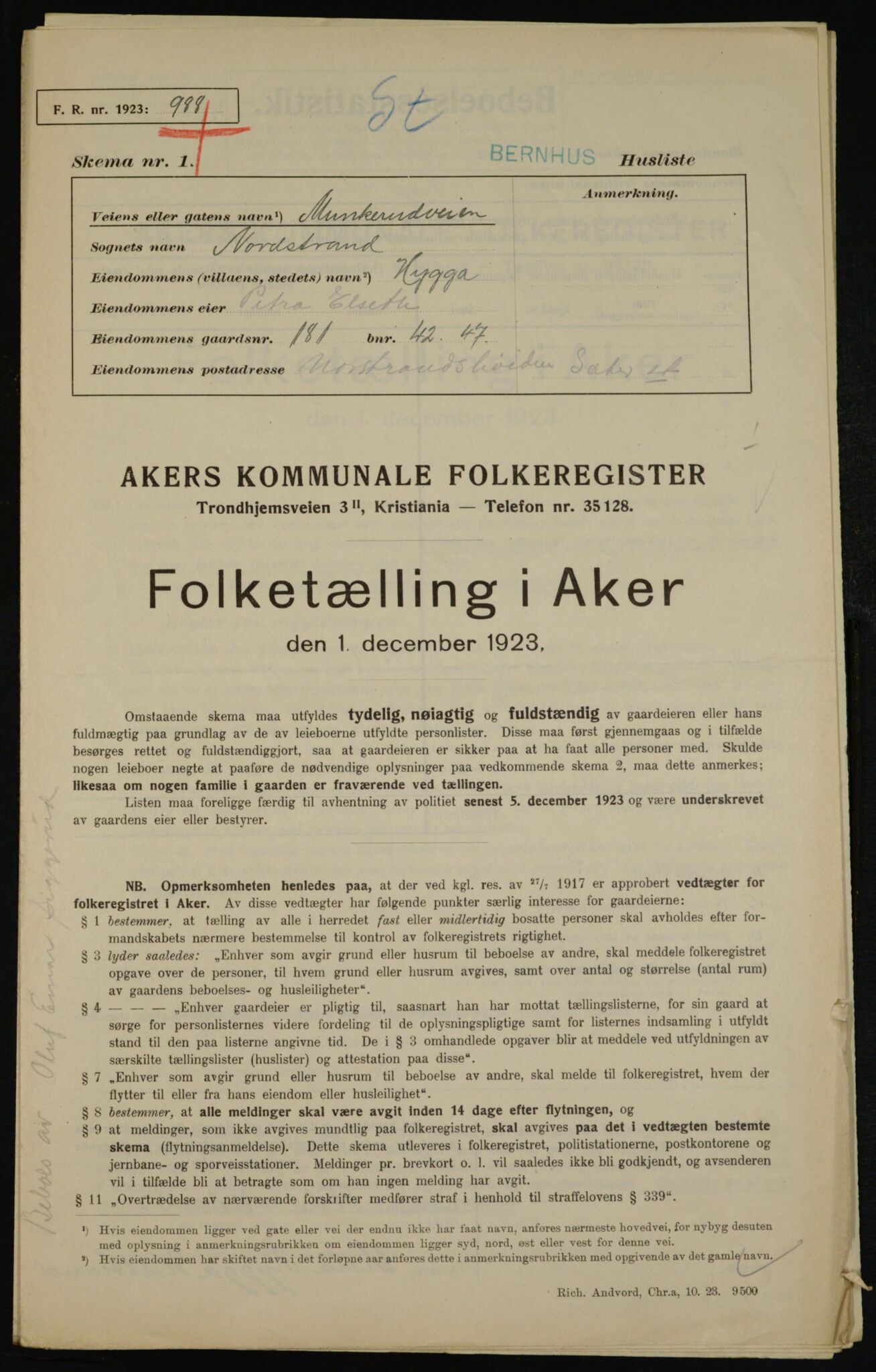 , Municipal Census 1923 for Aker, 1923, p. 42437