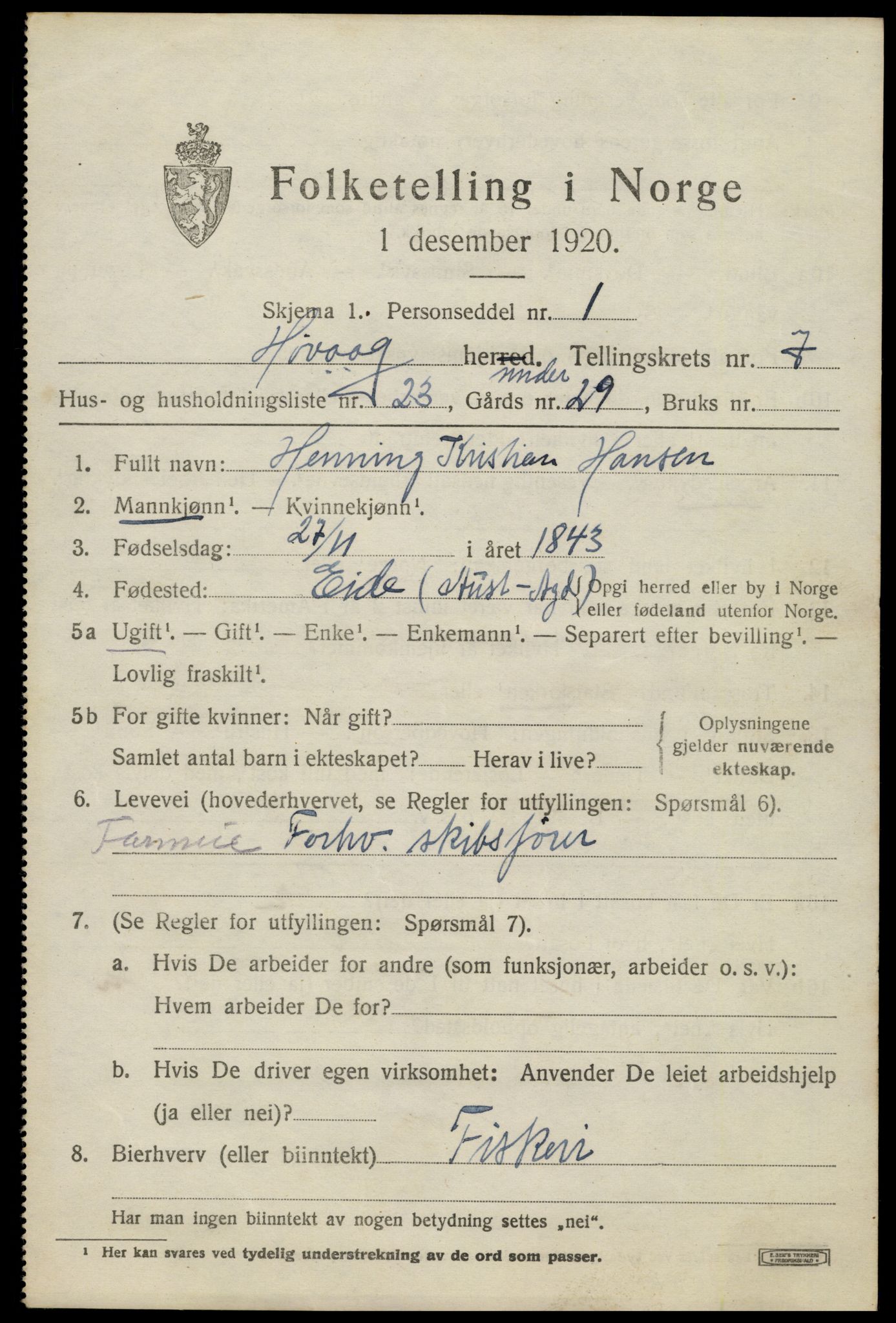 SAK, 1920 census for Høvåg, 1920, p. 4018