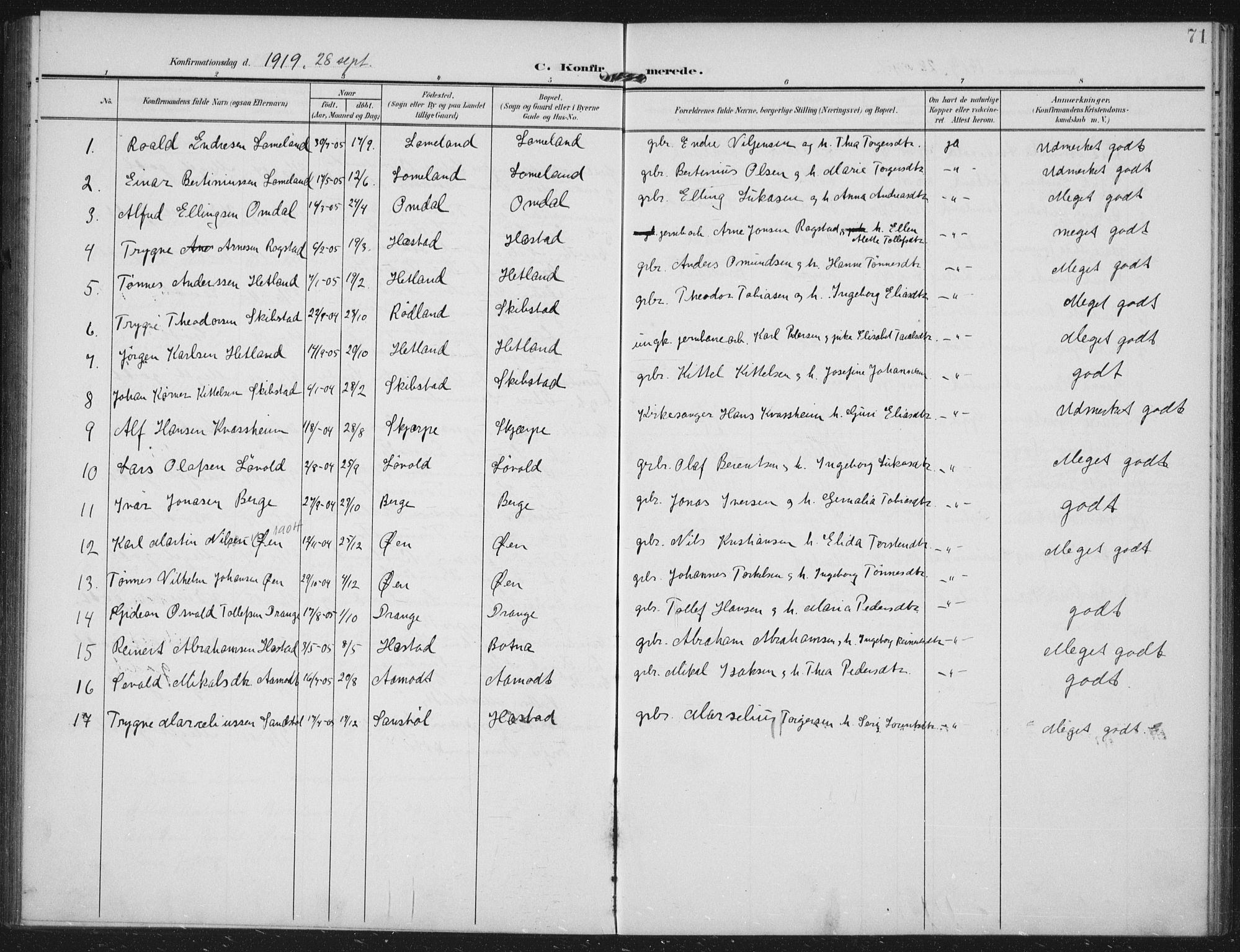 Helleland sokneprestkontor, SAST/A-101810: Parish register (official) no. A 12, 1906-1923, p. 71