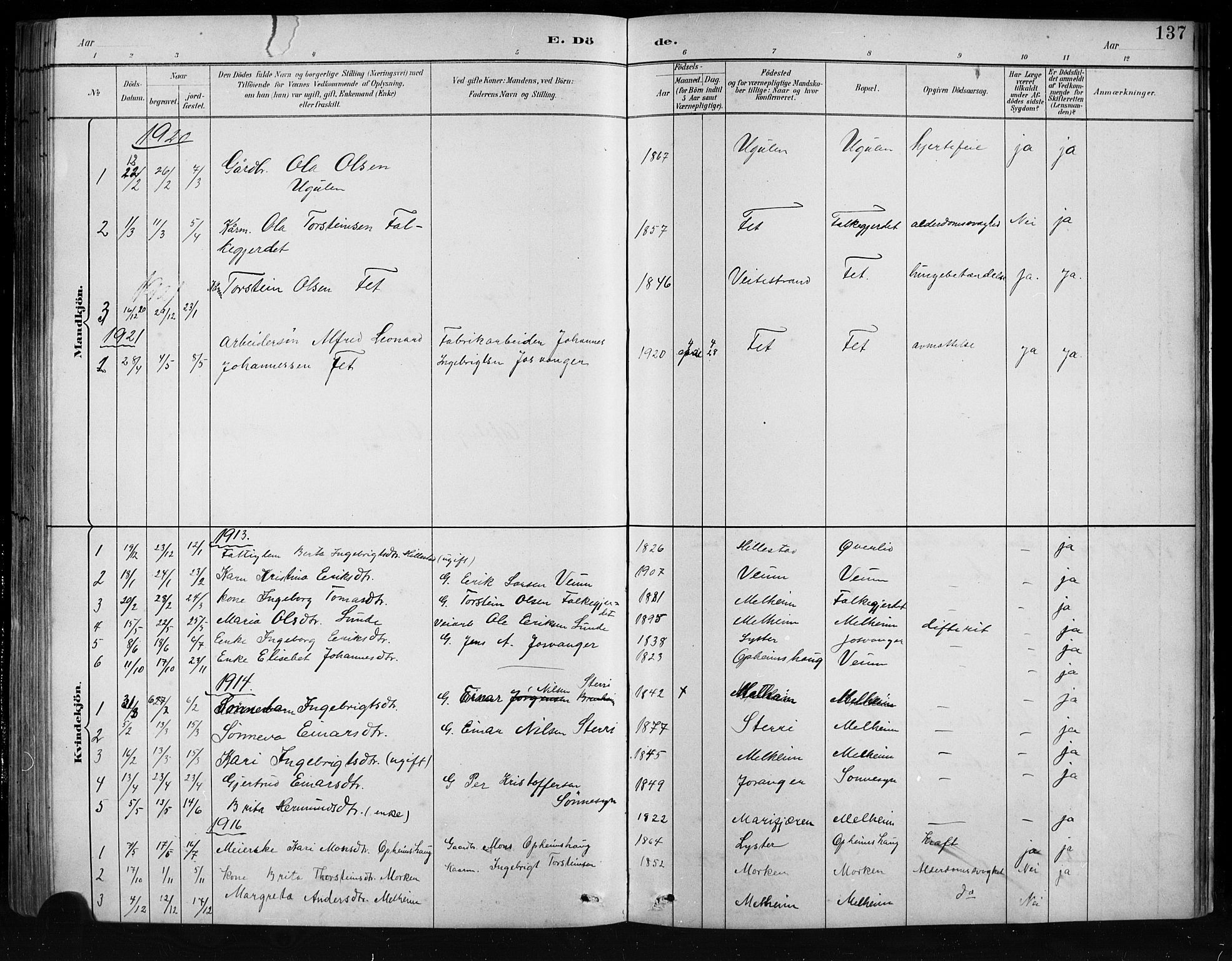 Jostedal sokneprestembete, SAB/A-80601/H/Hab/Habb/L0001: Parish register (copy) no. B 1, 1882-1921, p. 137