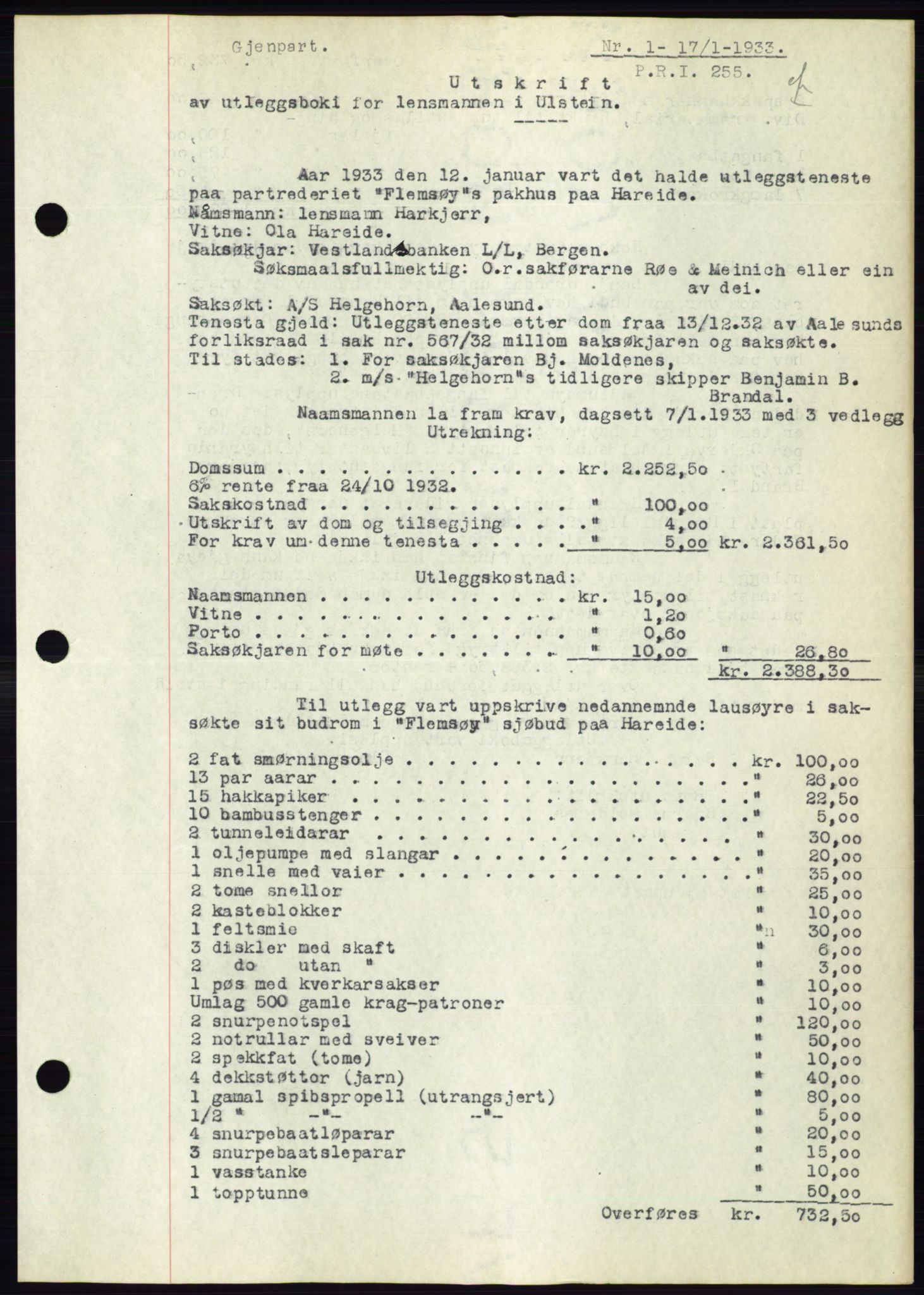 Ålesund byfogd, AV/SAT-A-4384: Mortgage book no. 30, 1932-1933, Deed date: 17.01.1933