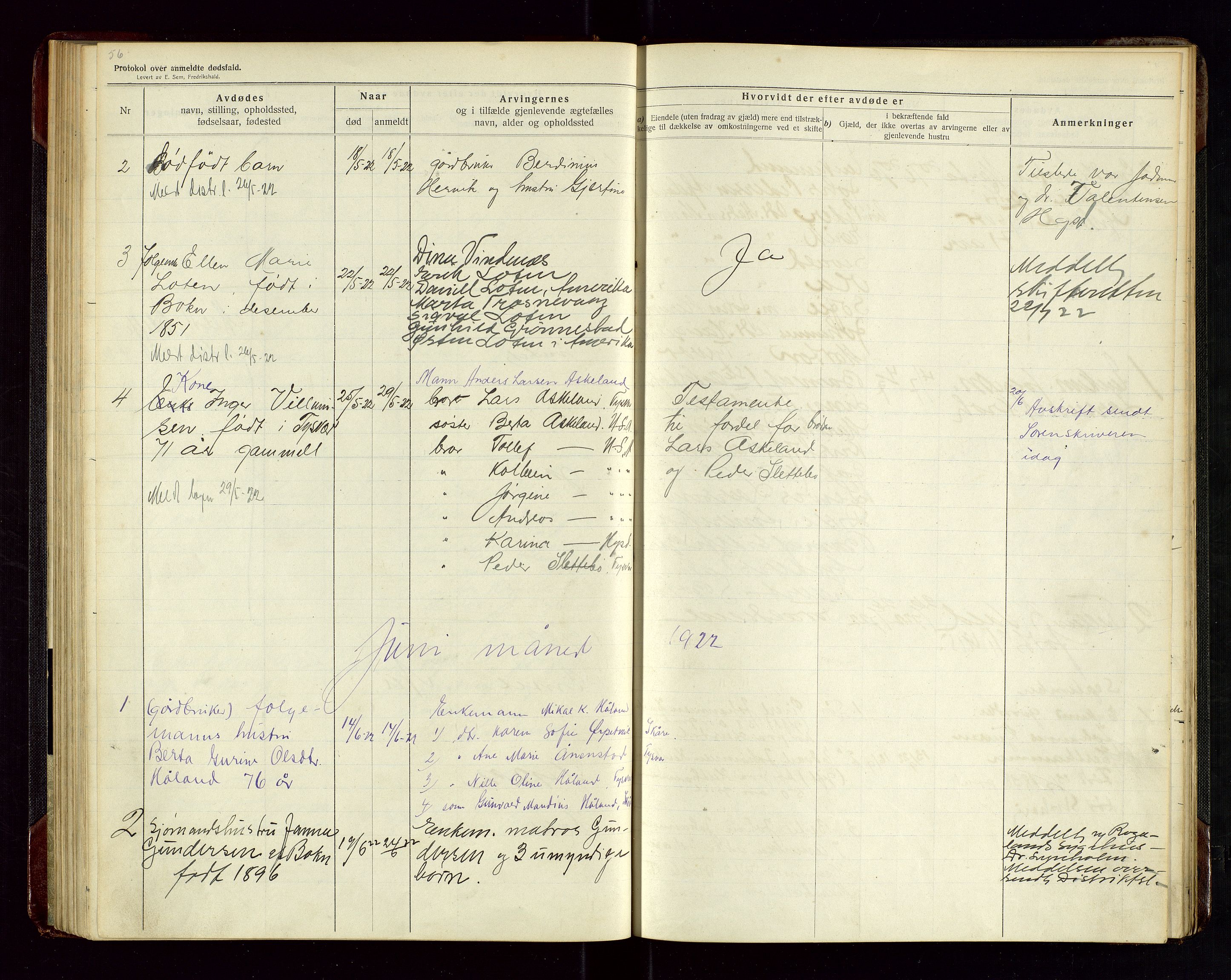 Tysvær lensmannskontor, AV/SAST-A-100192/Gga/L0003: "Protokol over anmeldte dødsfald i Tysvær" med register, 1916-1926, p. 56