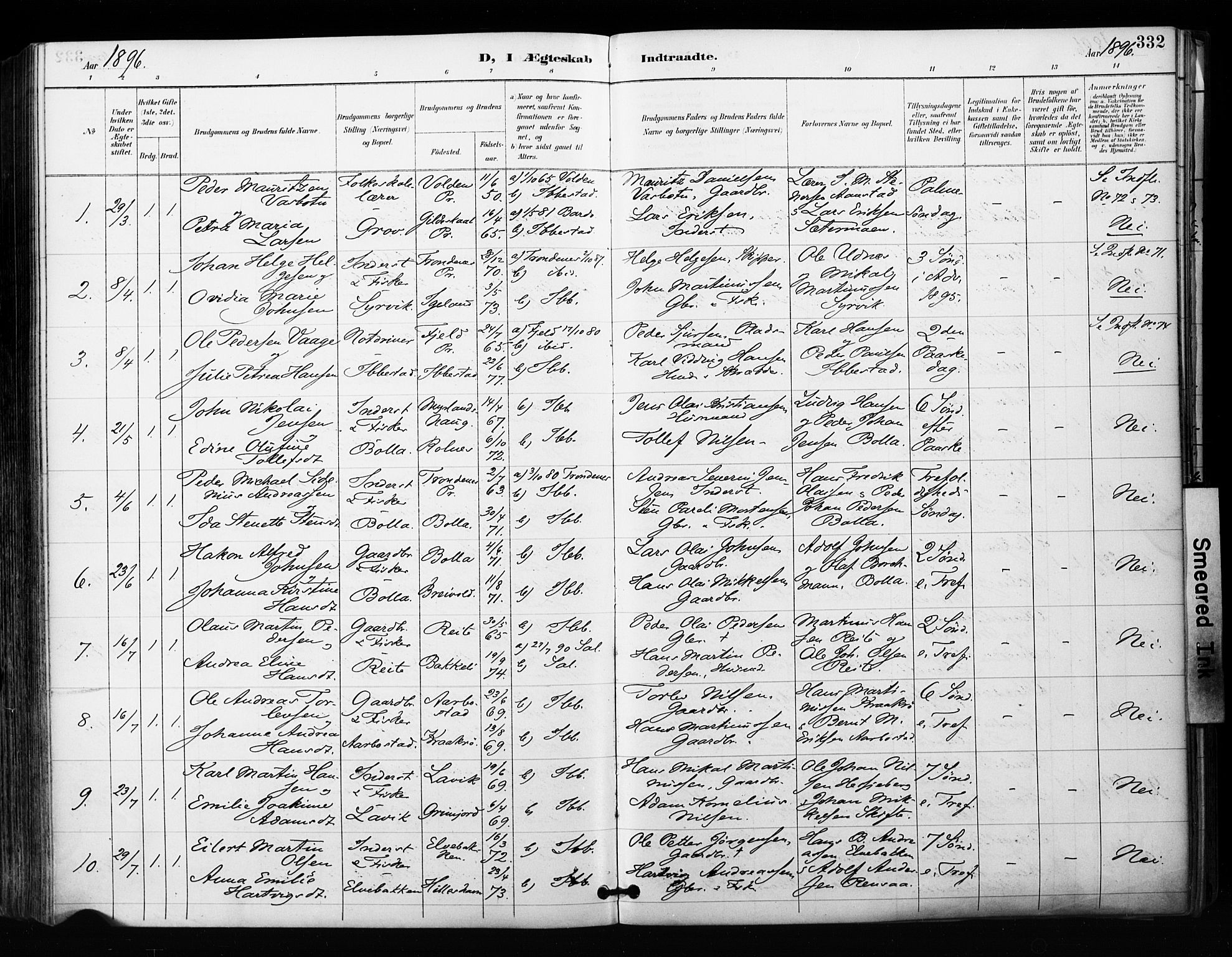 Ibestad sokneprestembete, SATØ/S-0077/H/Ha/Haa/L0012kirke: Parish register (official) no. 12, 1890-1900, p. 332