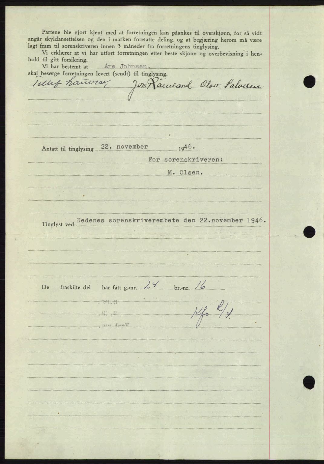 Nedenes sorenskriveri, AV/SAK-1221-0006/G/Gb/Gba/L0056: Mortgage book no. A8, 1946-1947, Diary no: : 1530/1946