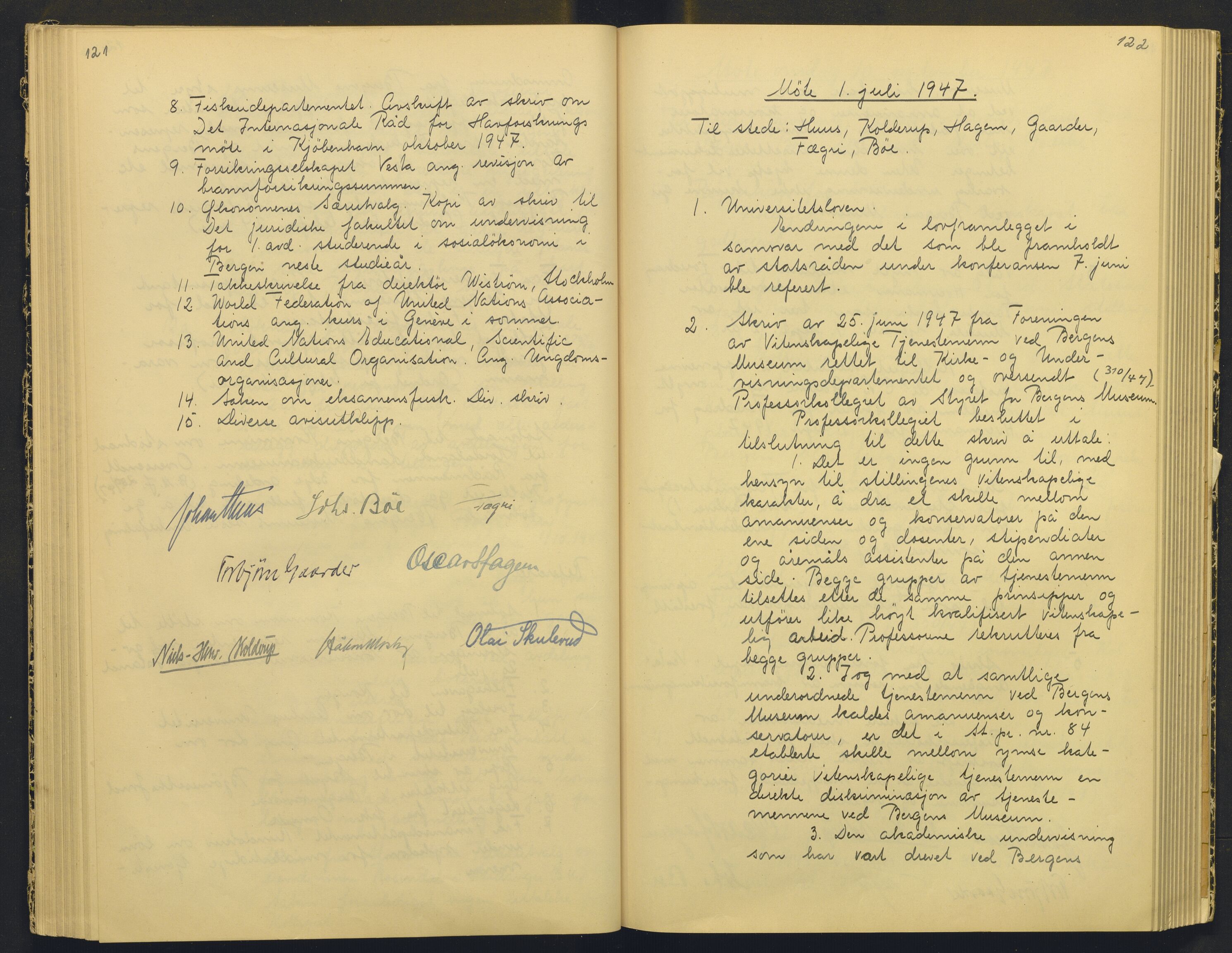 Bergens Museum, AV/SAB-A-17301/18/A/L0004: Professorkollegiets møtebok med register , 1945-1949, p. 121-122