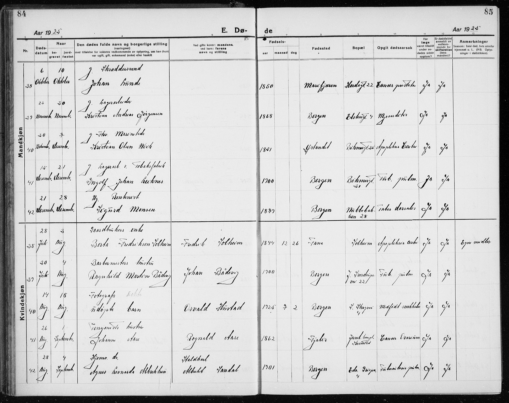 Årstad Sokneprestembete, AV/SAB-A-79301/H/Hab/L0025: Parish register (copy) no. D 2, 1922-1940, p. 84-85