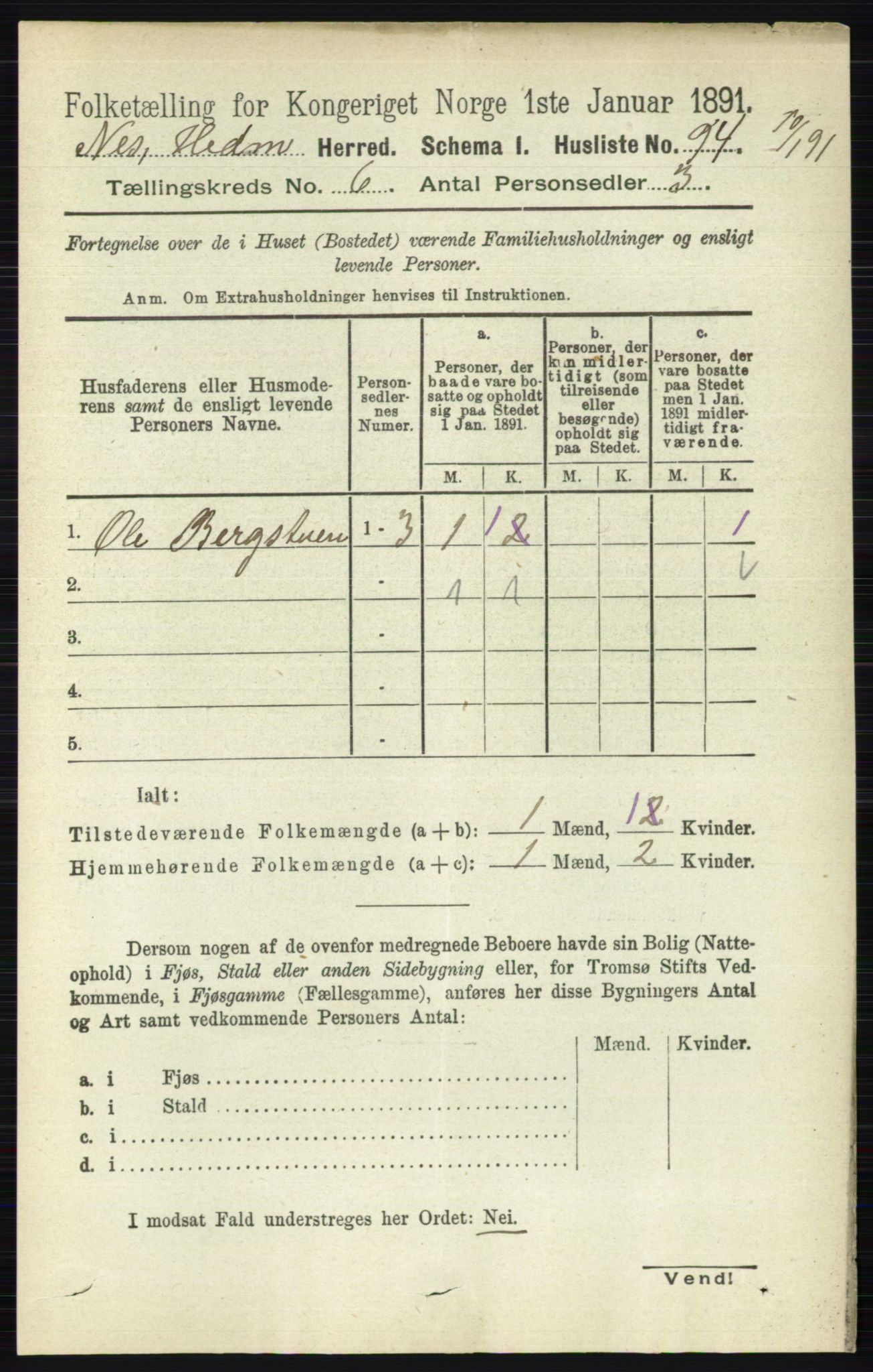 RA, 1891 census for 0411 Nes, 1891, p. 3262