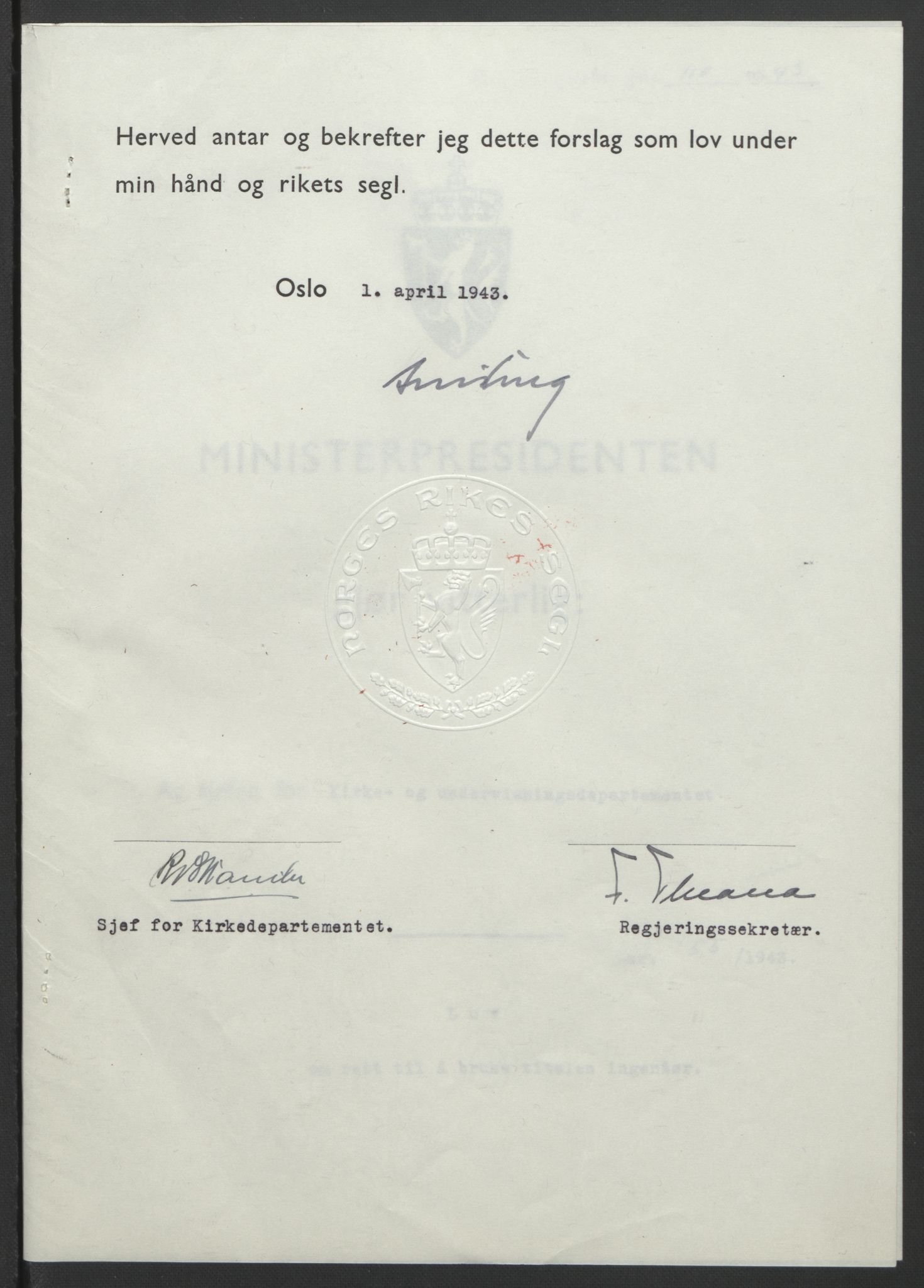 NS-administrasjonen 1940-1945 (Statsrådsekretariatet, de kommisariske statsråder mm), RA/S-4279/D/Db/L0099: Lover, 1943, p. 250